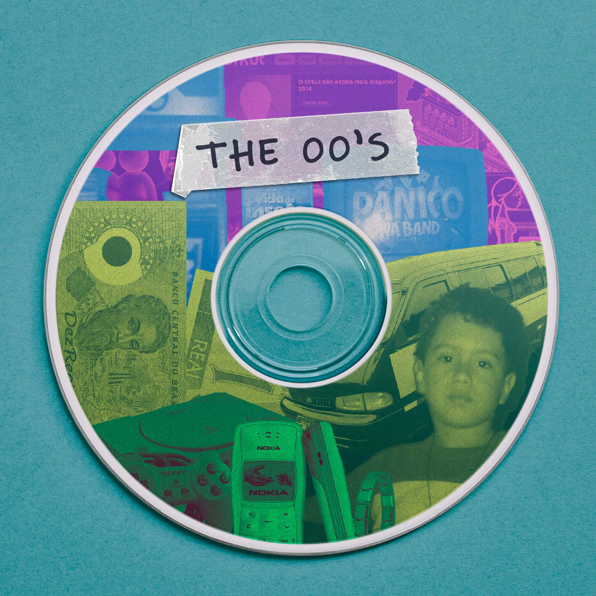 印有「The O's」字樣的CD 壁紙 — 一個青綠色CD，帶有2000年代懷舊拼貼，包括一個孩子、Nokia手機和巴西貨幣。