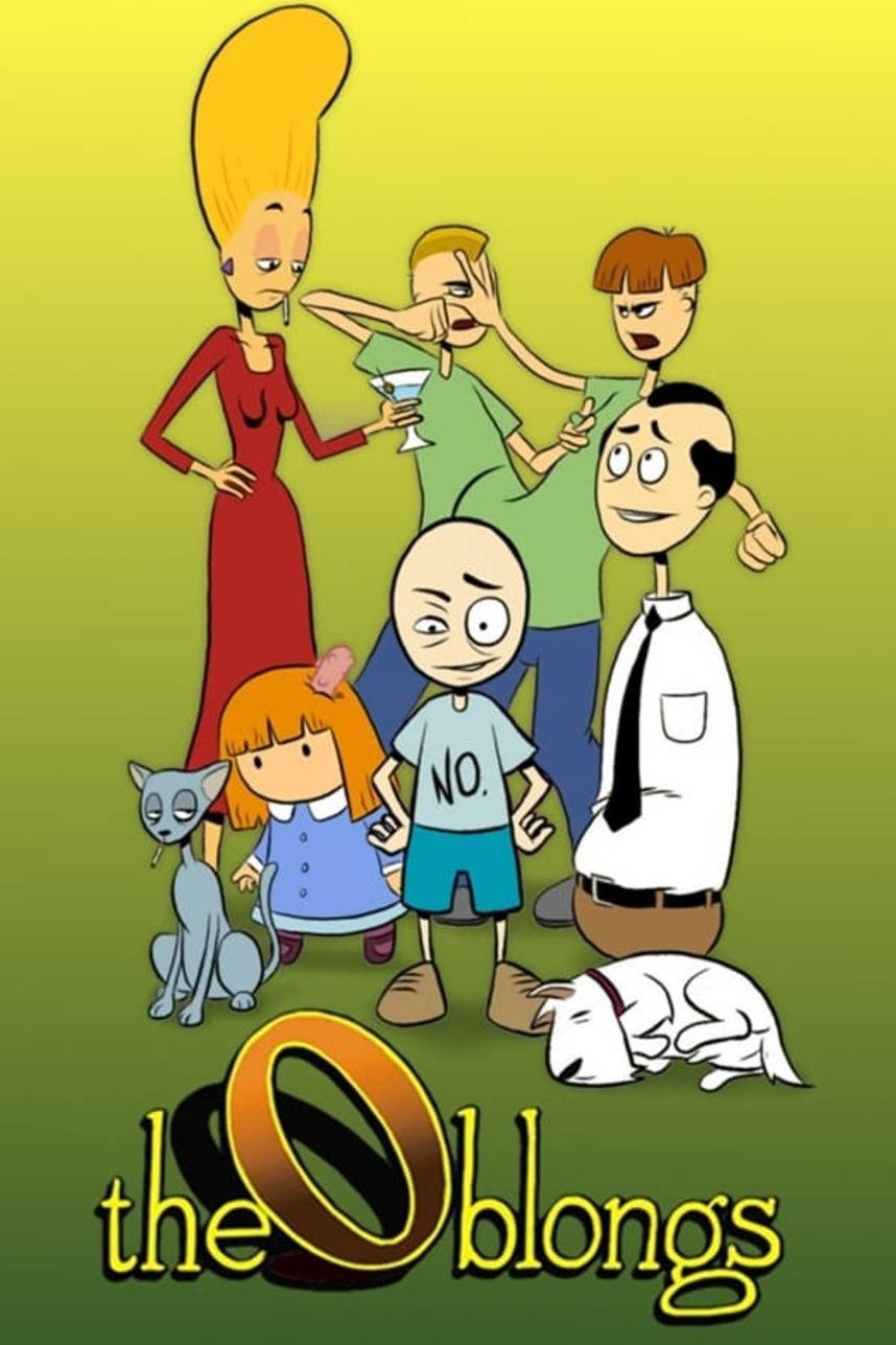 《The Oblongs》節目海報 壁紙 — 一個六人卡通家庭，帶著一隻貓和一隻狗，在黃綠漸變背景前擺姿勢，標題為 The Oblongs。