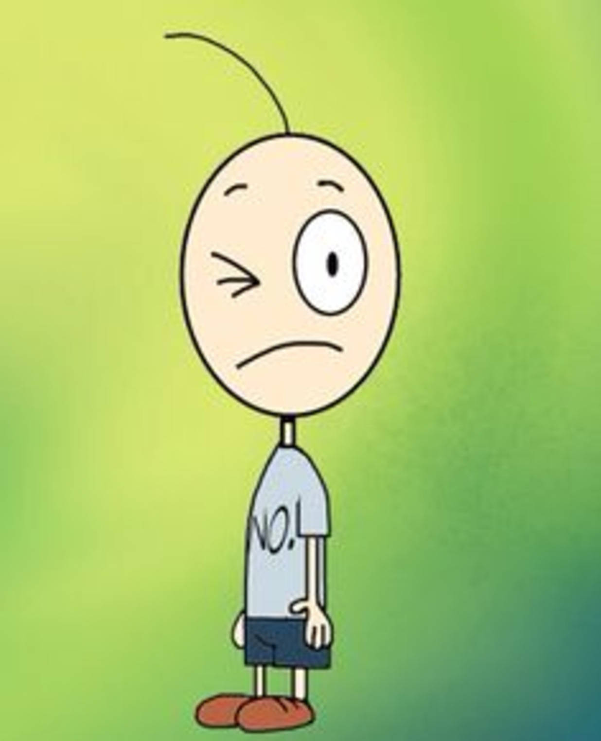 卡通男孩眨眼皺眉，穿著寫有NO的襯衫