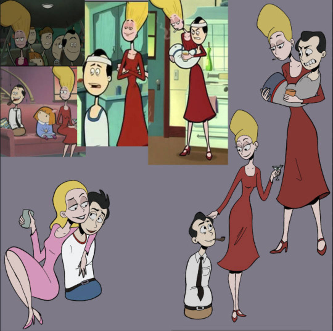 動畫拼貼，展示一位紅裙女子和一名男子在不同幽默和戲劇性場景中。