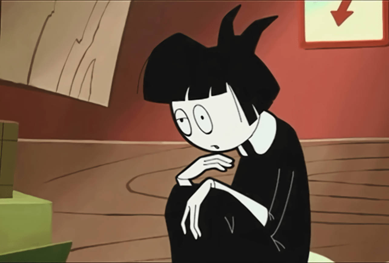 《The Oblongs》中的Creepy Susie 壁紙 — 一個風格化的動漫女孩，黑髮白臉，若有所思地坐在一個紅牆木地板的房間裡。