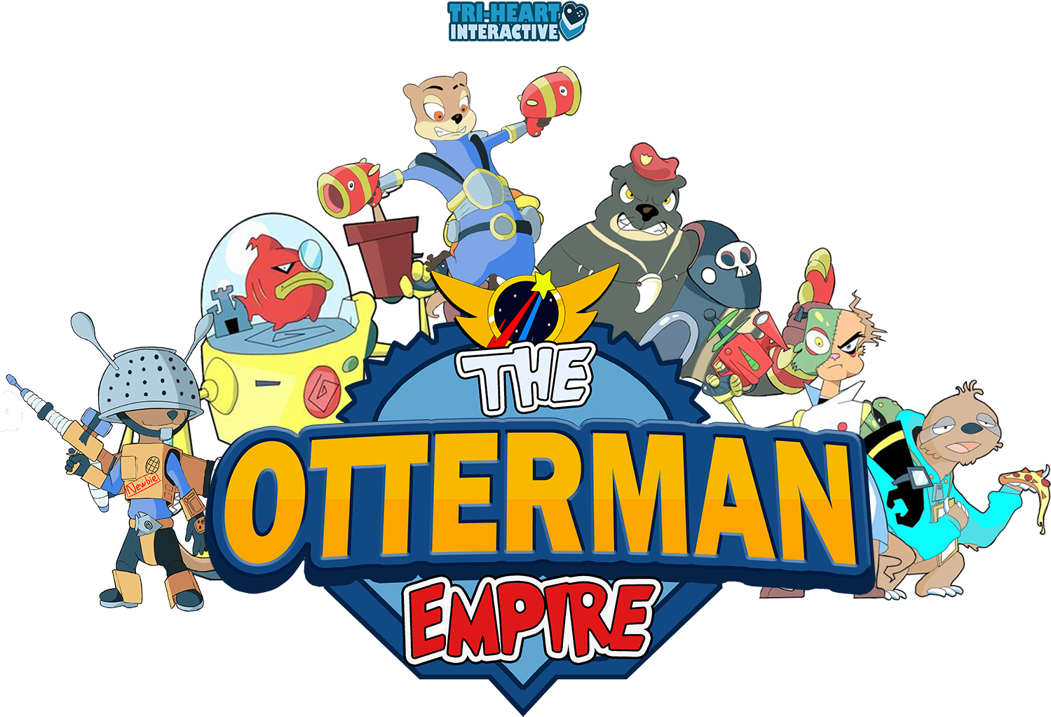 The Otterman Empire 遊戲角色 壁紙 — 一個充滿活力的卡通標誌，圍繞著標題「The Otterman Empire」的一組擬人化動物角色，穿著科幻裝備。