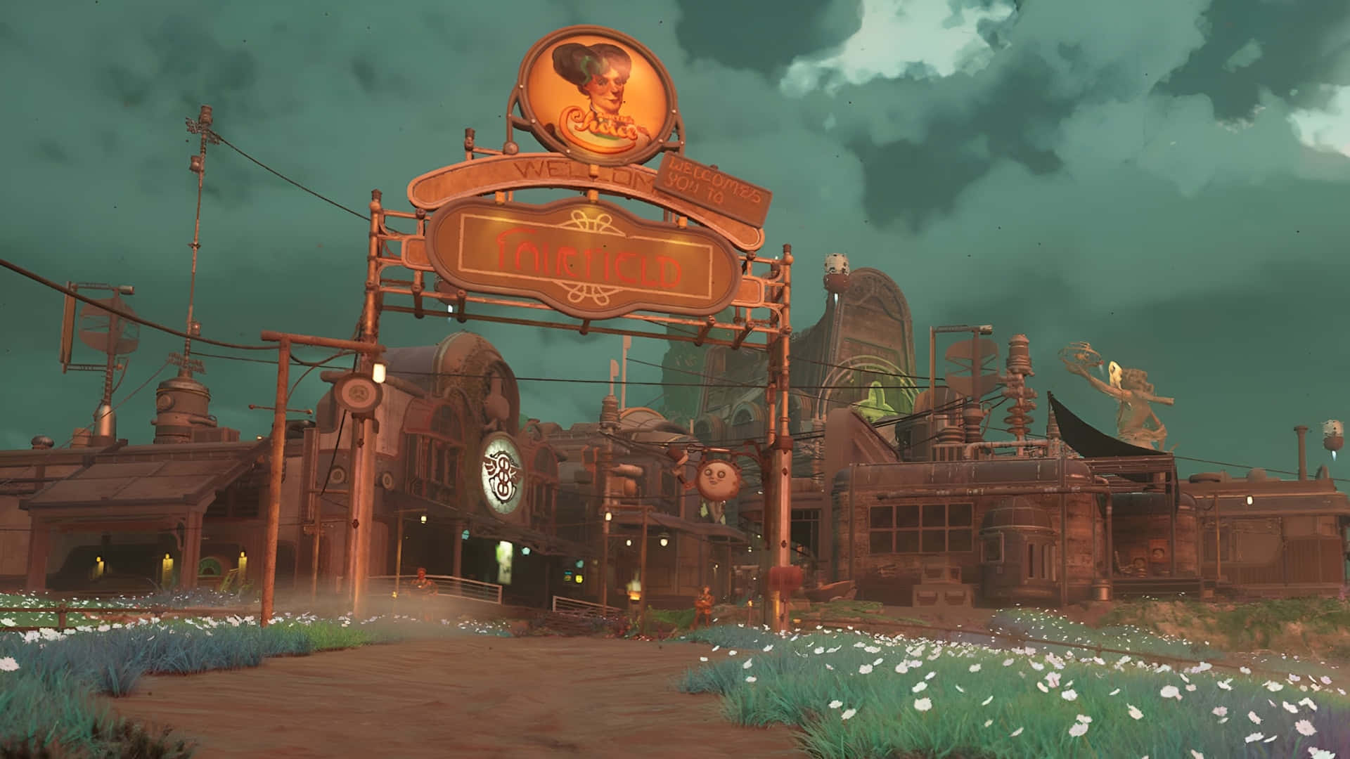 《The Outer Worlds 2》新據點 壁紙 — 一個蒸氣龐克小鎮入口，有發光標誌和野花，在暴風雨般的青色天空下。
