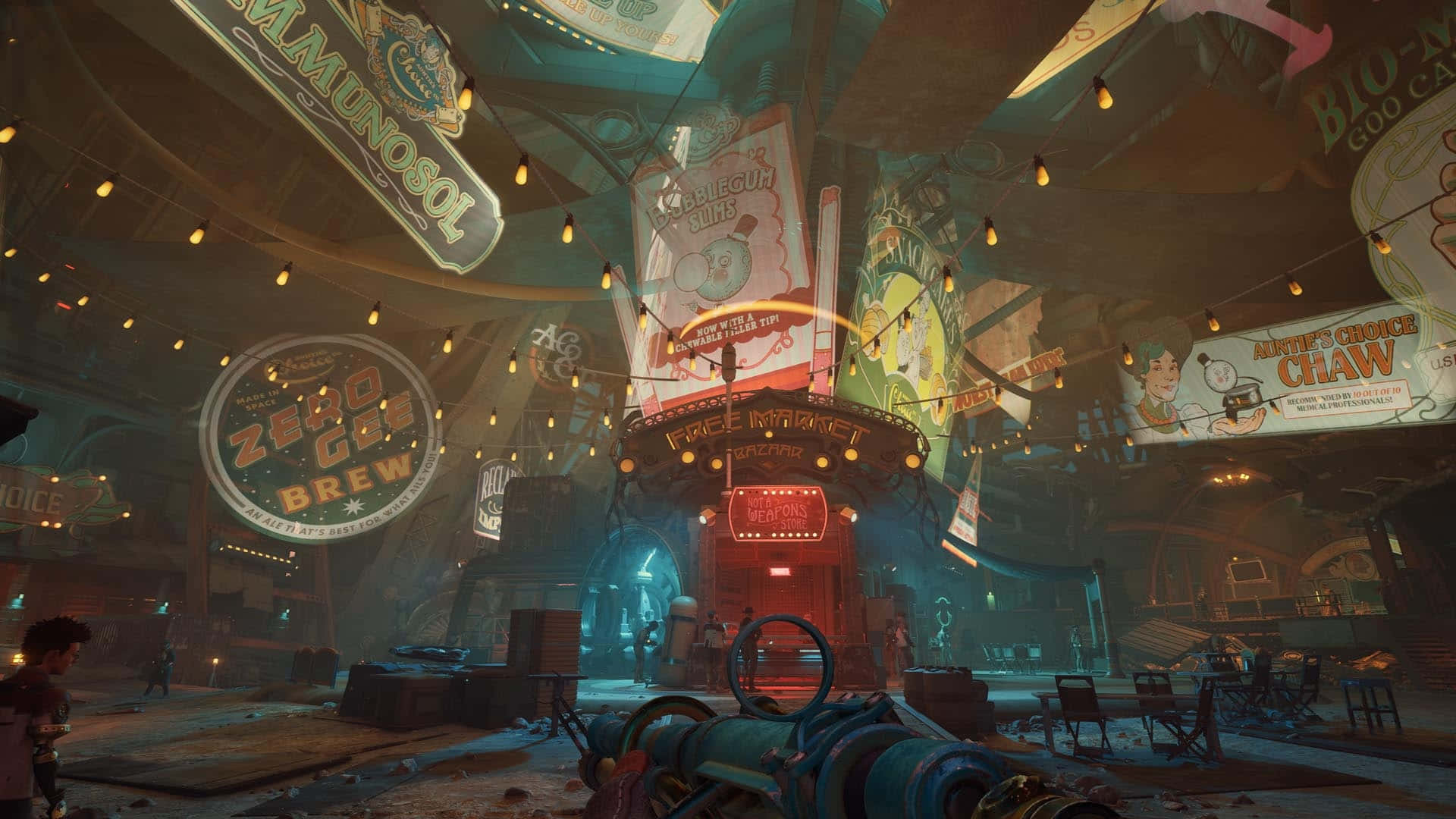 《The Outer Worlds 2》霓虹都市 壁紙 — 一個霓虹燈照亮的遊戲機廳，掛著的招牌和發光的燈光營造出充滿活力的復古未來主義遊戲氛圍。