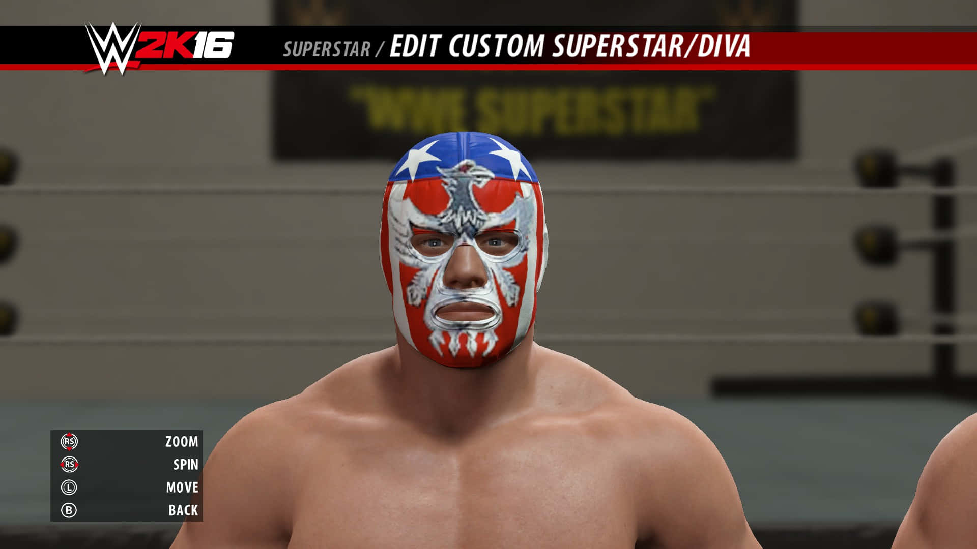 The Patriot於WWE 2k16賽事中奮戰 壁紙 — 一名戴著紅、白、藍愛國面具的摔角手站在摔角擂台上，WWE 2K16 遊戲界面清晰可見。