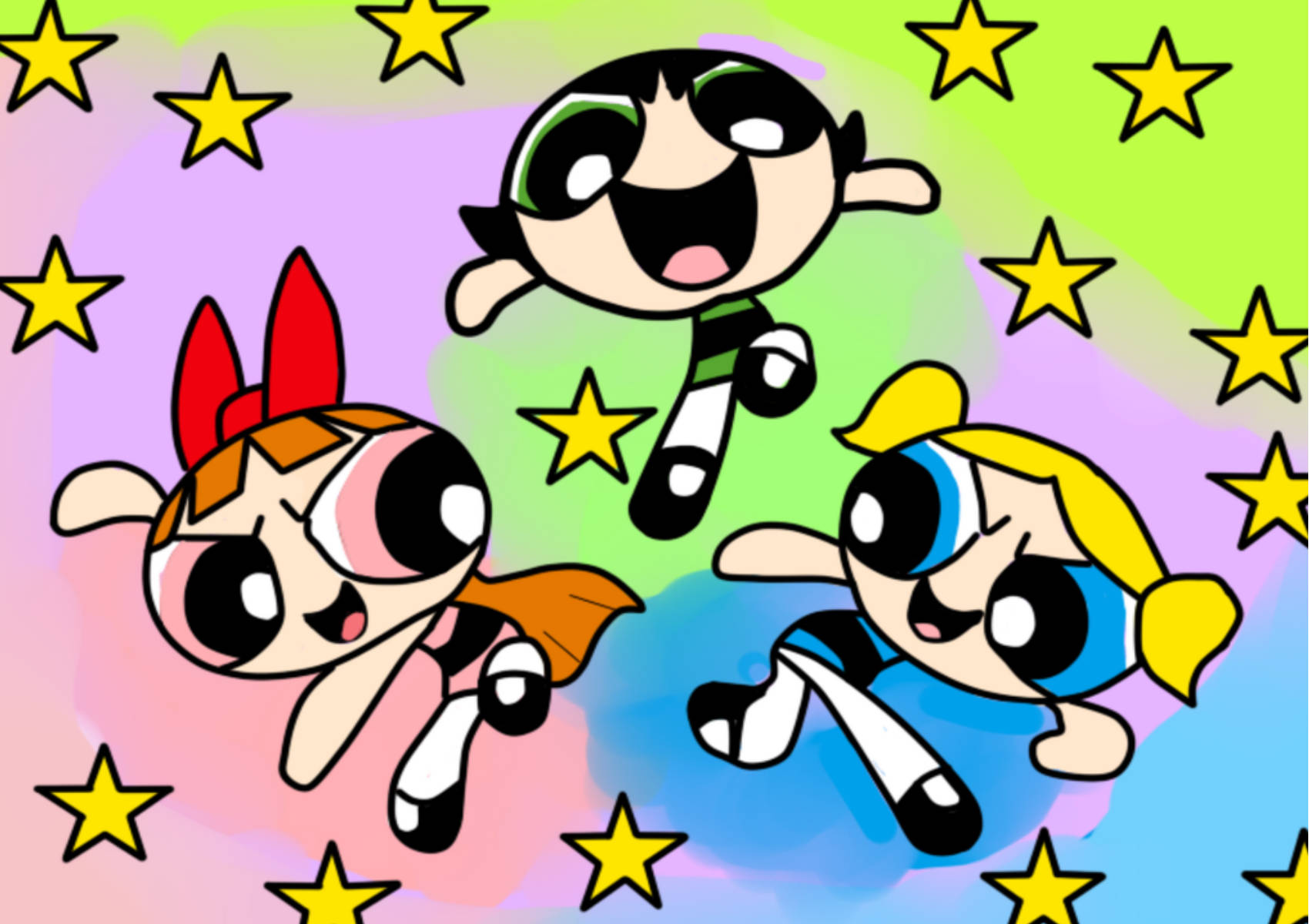 《The Powerpuff Girls》卡通頻道角色 壁紙 — 三個穿著超級英雄服裝的卡通女孩在充滿黃色星星的彩色天空中快樂地飛翔。