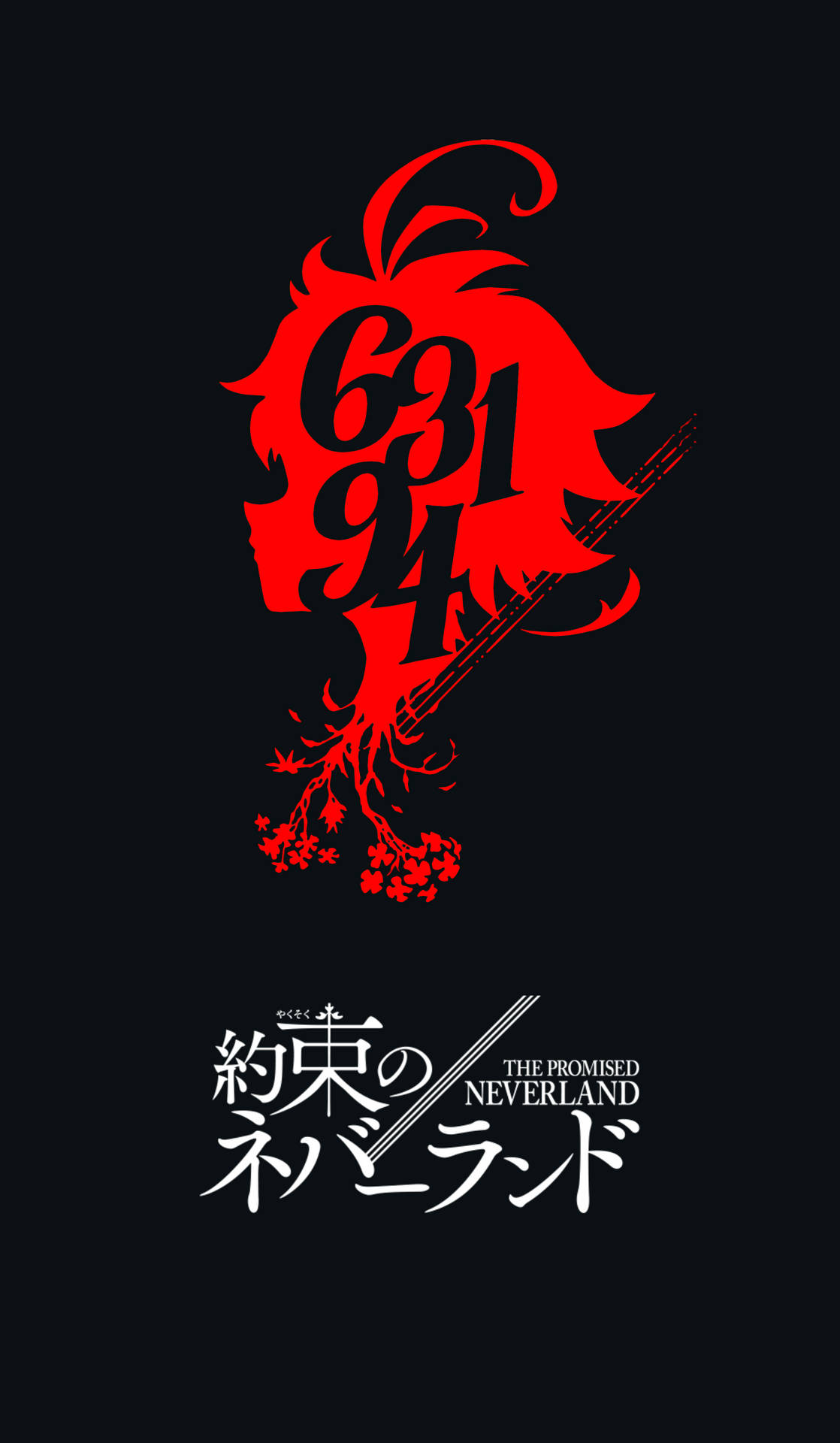 黑色背景上帶有數字和楓葉的紅色風格化動漫角色剪影。