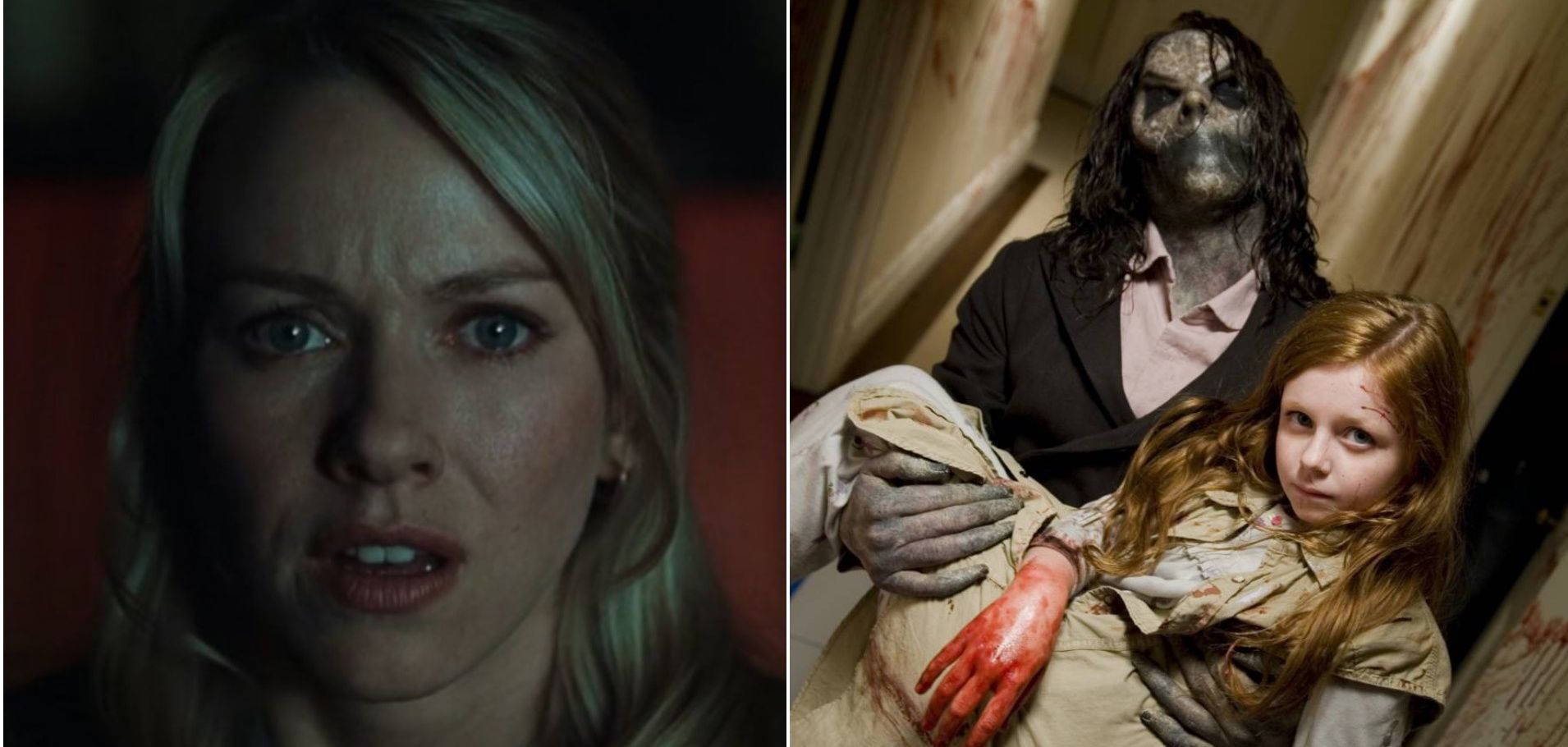 《The Ring》與《Sinister》電影拼貼 壁紙 — 一個驚恐的女人在昏暗的走廊裡恐怖地凝視著一個怪誕的殭屍緊抱著一個血淋淋的孩子。
