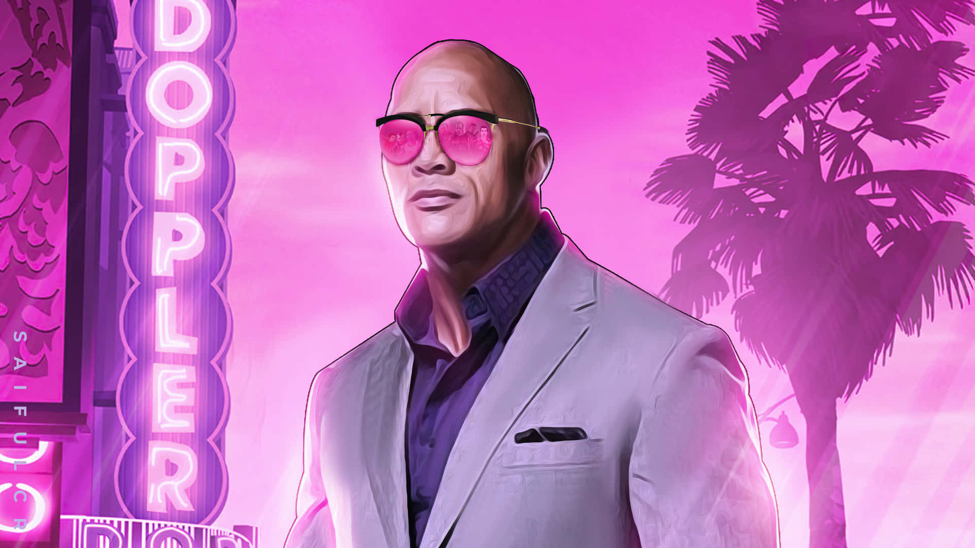 The Rock Dwayne Johnson 在 GTA 5 風格背景 壁紙 — 狄維·莊遜身穿俐落西裝和粉紅色太陽眼鏡，自信地站在霓虹燈照亮、有棕櫚樹和發光招牌的城市背景下。