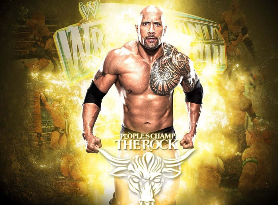 狄維·莊遜 桌布 壁紙 — The Rock 在 WWE 摔角宣傳片中強勢站立，散發著發光的黃色能量，下方有公牛標誌。
