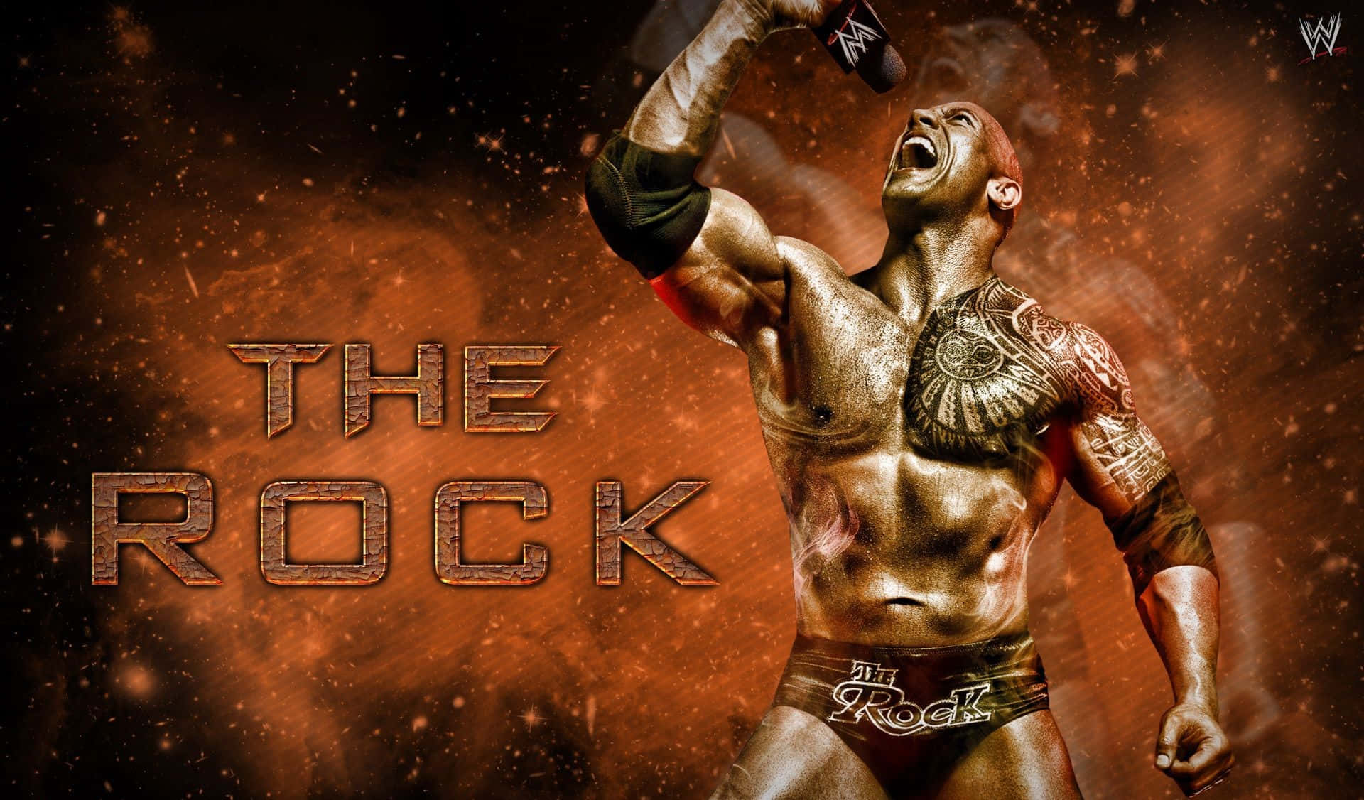 狄維·莊遜 桌布 壁紙 — The Rock 在充滿火焰橙棕色粒子的背景下，勝利地高舉他的冠軍腰帶。
