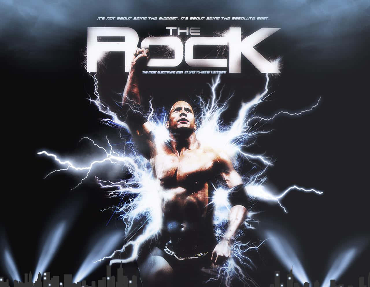 狄維·莊遜 桌布 壁紙 — The Rock 強而有力地站在噼啪作響的閃電中，下方是城市天際線，戲劇性的聚光燈照亮了他肌肉發達的身形。