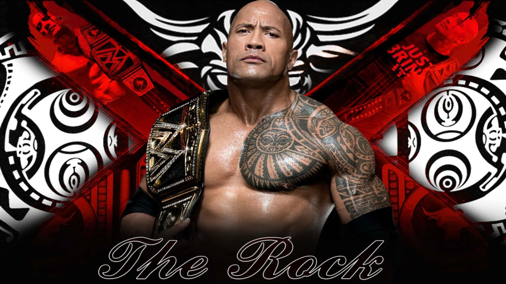 狄維·莊遜 桌布 壁紙 — The Rock 肌肉發達、神情強烈，手持冠軍腰帶，背景係大膽嘅紅黑部落圖案。