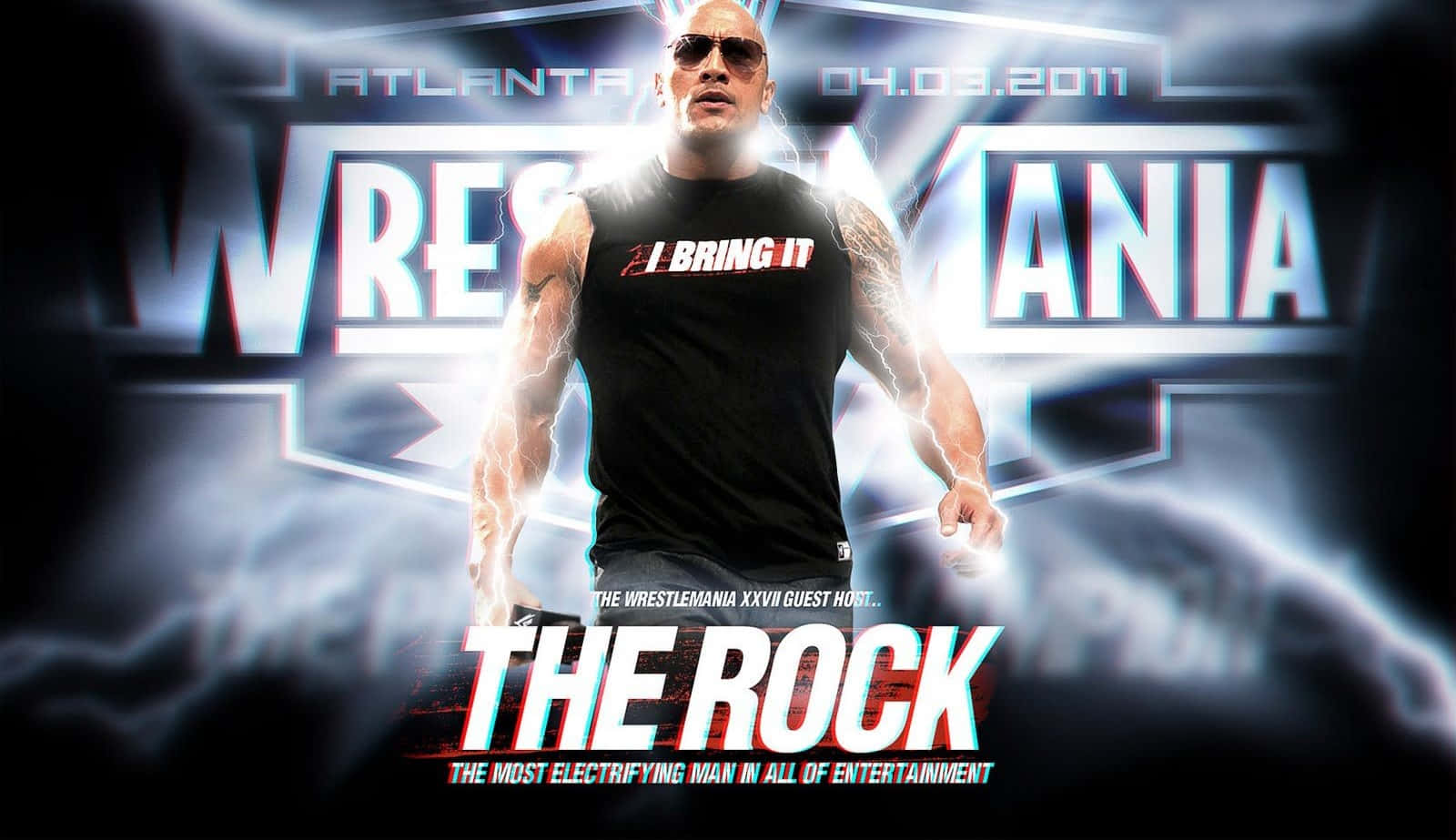 狄維·莊遜 桌布 壁紙 — The Rock 身穿黑色背心，在閃電效果的發光 WrestleMania 背景下充滿電力地站立。