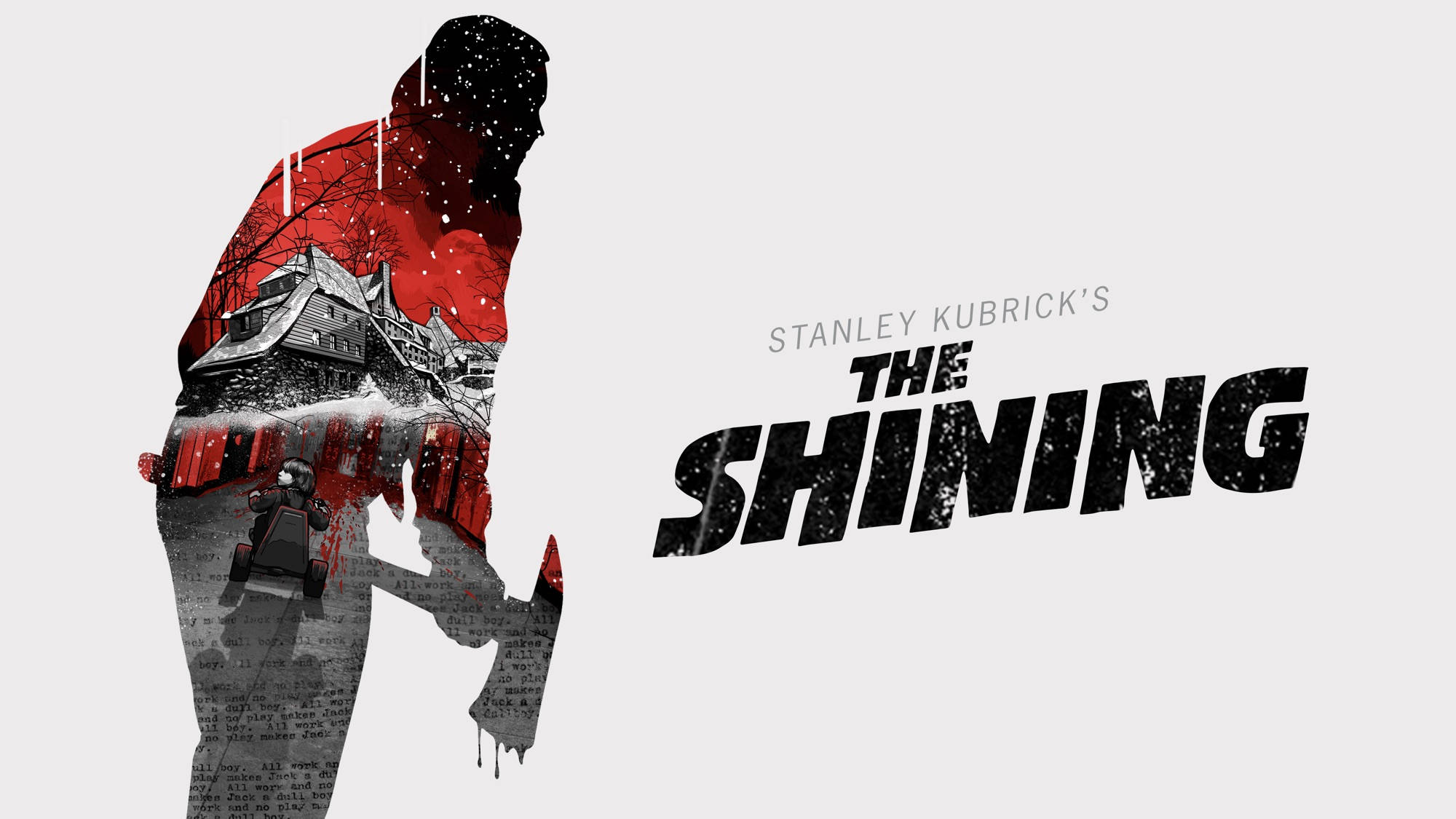 《The Shining》傑克海報 壁紙 — 一個令人毛骨悚然的剪影，一個男人拿著斧頭，他的形狀內有鬼酒店和雪樹，背景是純白色。