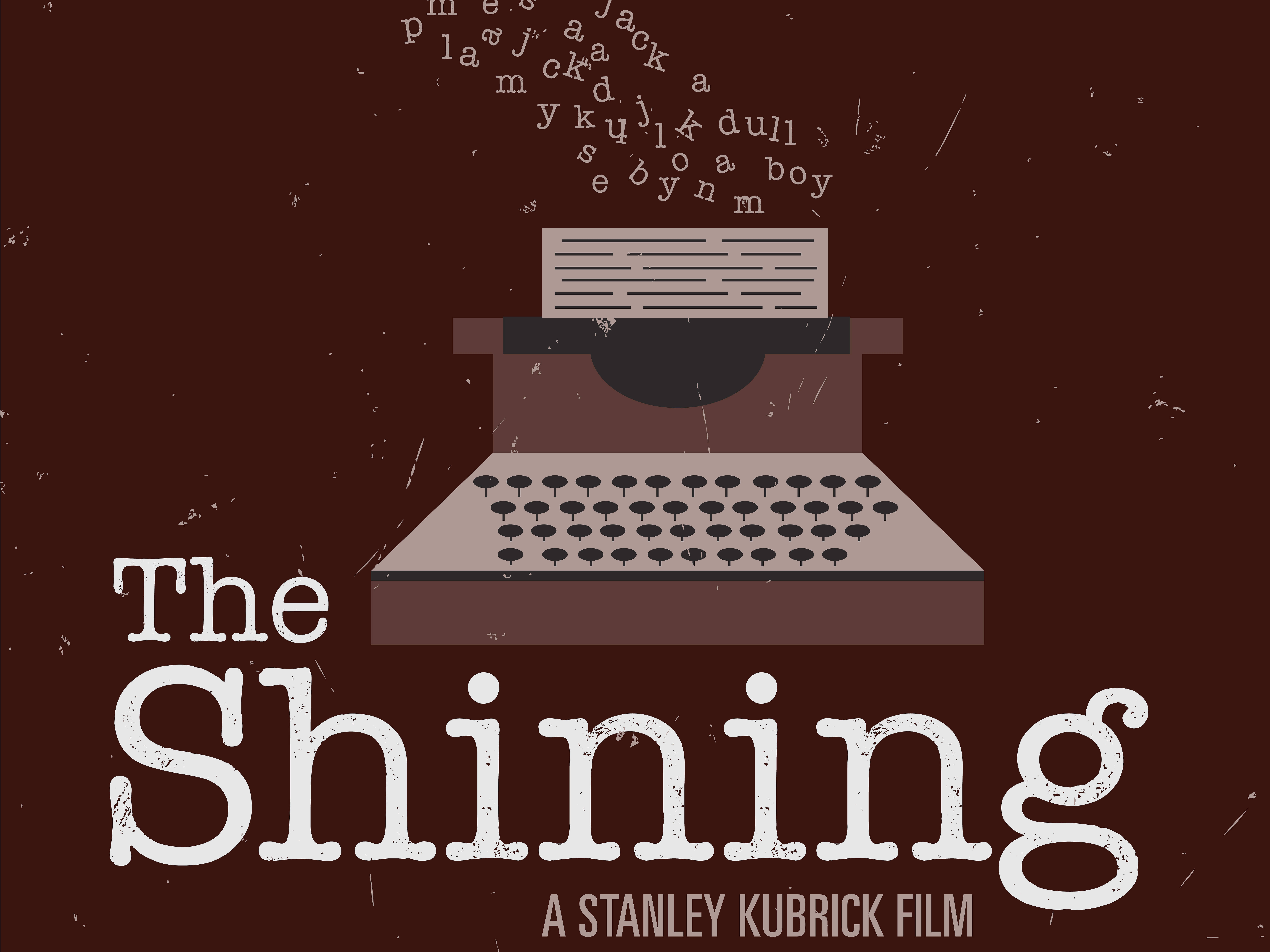 《The Shining》極簡打字機海報 壁紙 — 一部復古打字機在深棕色紋理背景上散發出混亂的字母，並帶有《閃靈》標題。