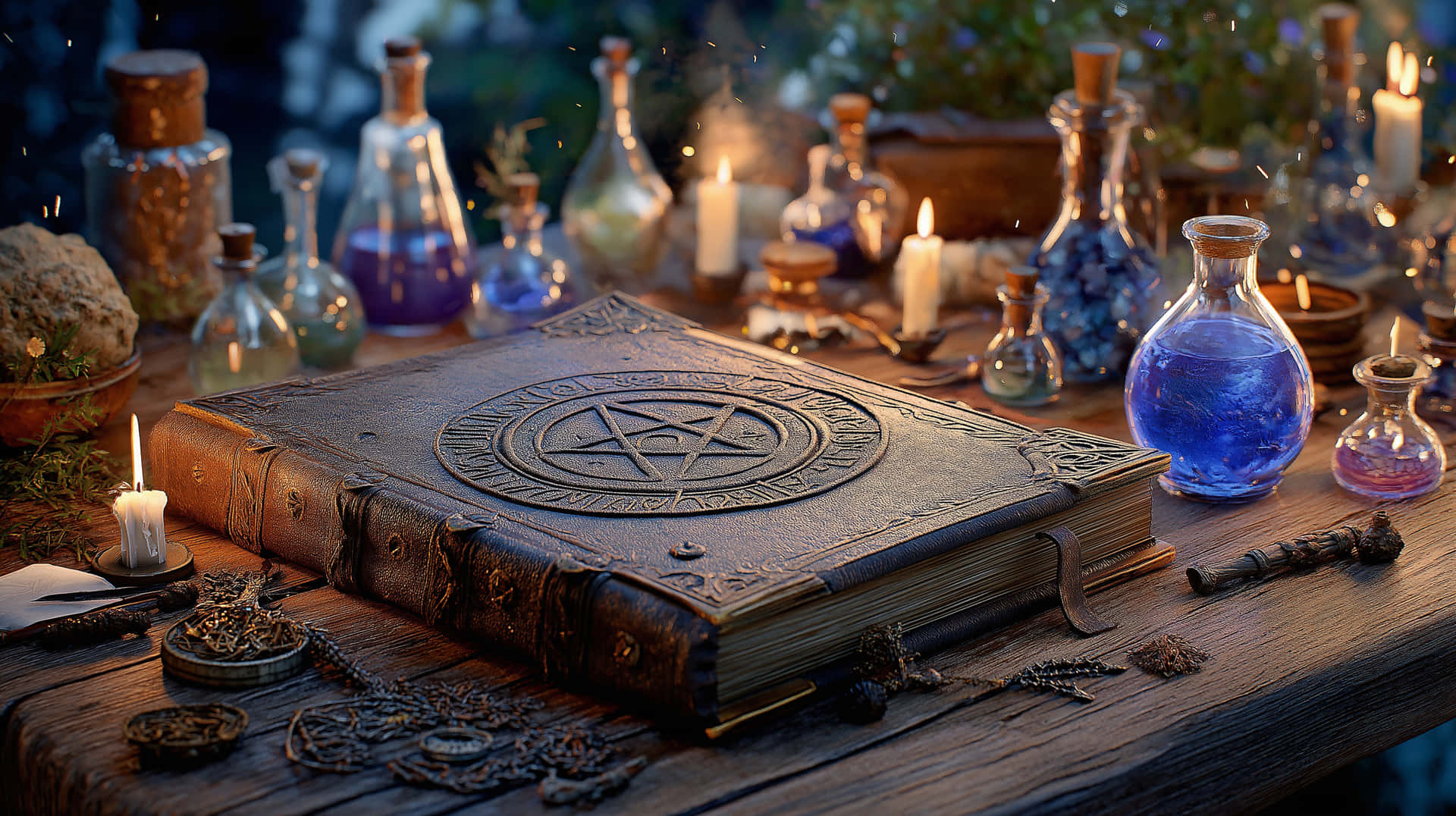 一本封面有五角星的舊魔法書，放在木桌上，旁邊有蠟燭和藥水瓶。