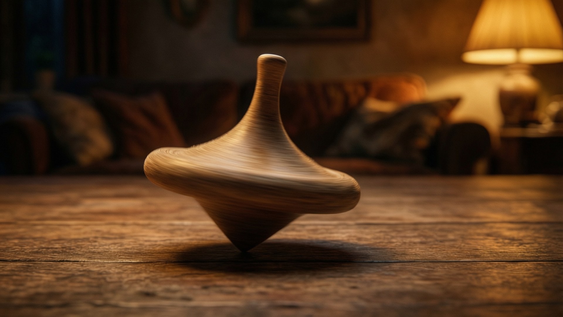 A wooden top spinning on a wooden table in a warmly lit living room. 壁紙