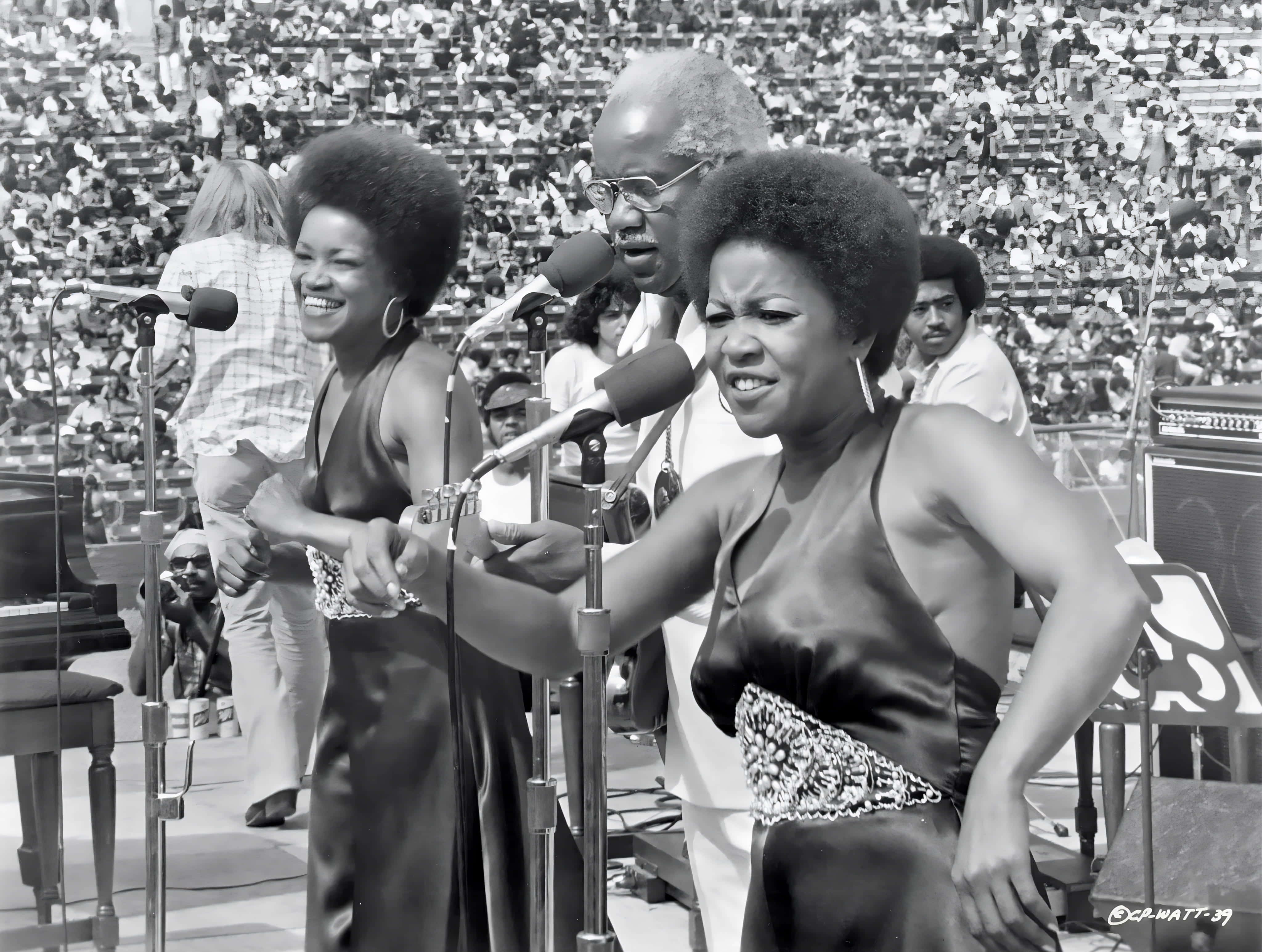 The Staple Singers 在洛杉磯紀念體育館舉辦 Wattstax 演唱會 壁紙 — 兩位留著非洲式髮型的女性在擠滿人的戶外舞台上，手持麥克風和樂器，充滿活力地表演。