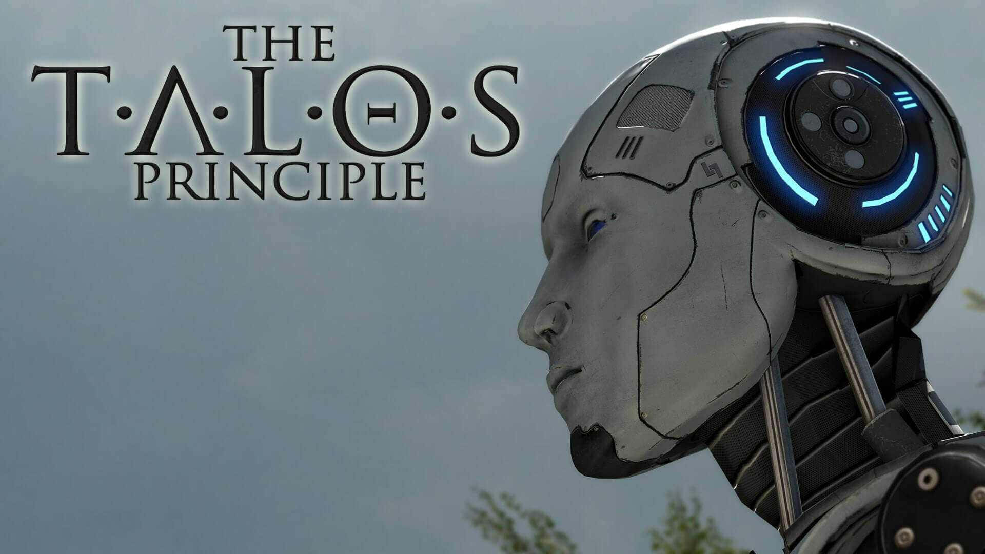 一個機械頭部，帶有發光的藍色眼睛，在陰天的天空下，顯示「The Talos Principle」標題。