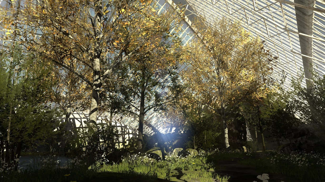 《The Talos Principle》「通往 Gehenna」擴充包森林背景 壁紙 — 陽光穿過玻璃圓頂溫室，照亮了下面的秋樹和茂密的綠色植物。