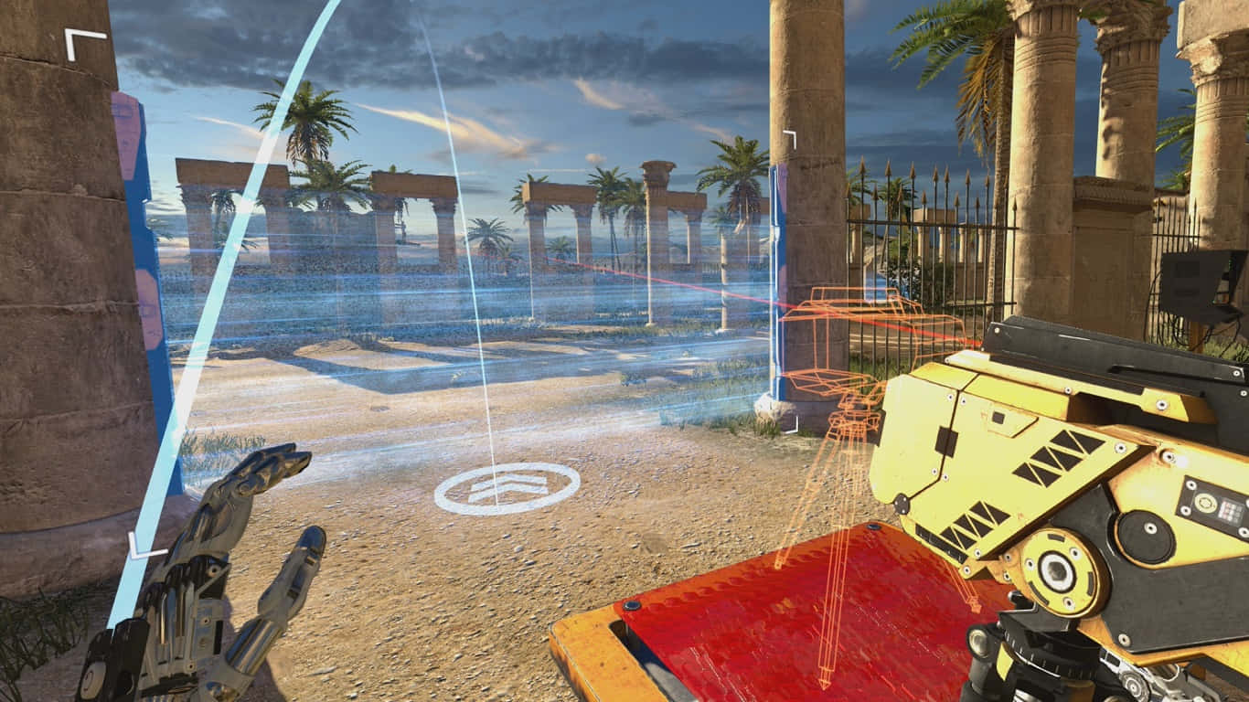 《The Talos Principle VR》遊戲背景 壁紙 — 在暮色天空下的沙漠廢墟中，一個未來機器人的第一人稱視角，帶有全息界面和棕櫚樹。