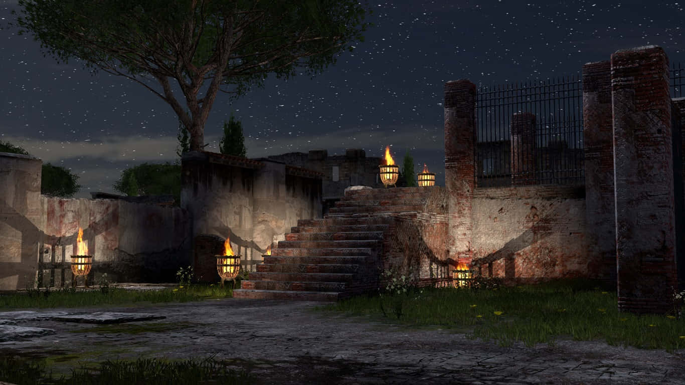 《The Talos Principle》原型DLC夜間廢墟背景 壁紙 — 古老的石頭廢墟與發光的燈籠照亮了星空下長滿青苔的庭院。