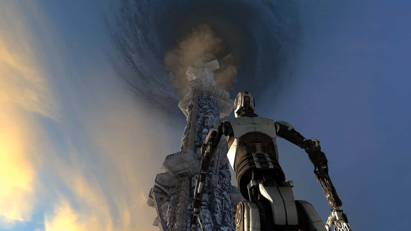 《The Talos Principle》遊戲中的機器人背景 壁紙 — 一個高聳的機械人站在一個巨大的、被雪覆蓋的巨石前，巨石在戲劇性的暮色天空中噴出煙霧。