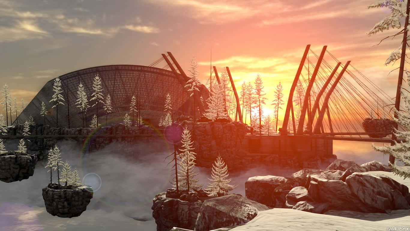 《The Talos Principle》擴充包「通往 Gehenna」背景 壁紙 — 超現實的冬季日落，雪覆蓋的樹木和漂浮的岩石島嶼在巨大的未來主義圓頂和橋樑之下。