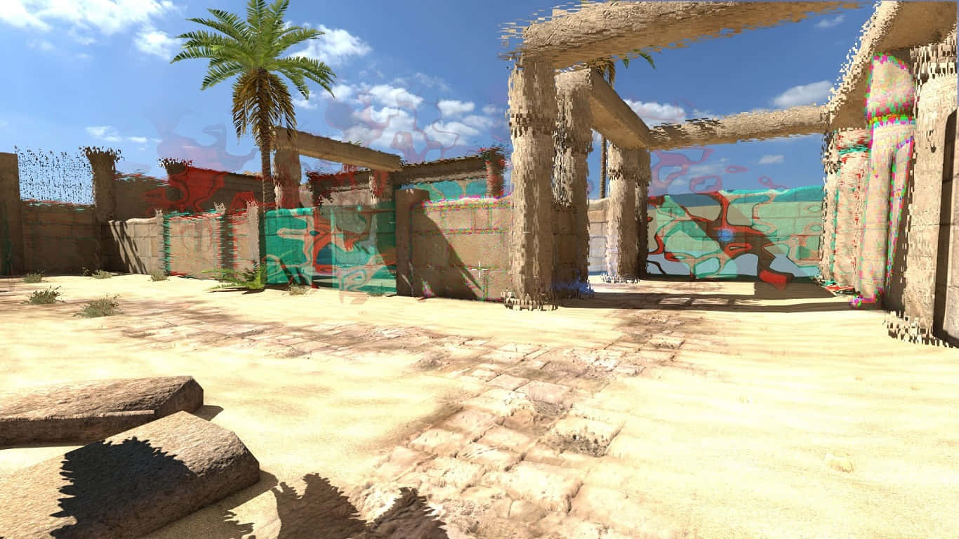《The Talos Principle》沙漠廢墟背景 壁紙 — 陽光普照的沙漠遺跡，有風化的石柱和鮮豔的塗鴉壁畫，在明亮的藍天下。