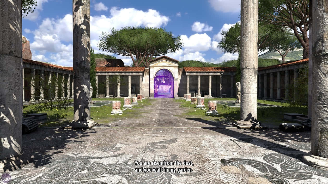 《The Talos Principle》遊戲的迷人畫面 壁紙 — 古老的石頭庭院，有高聳的柱子和馬賽克地板，在明亮的藍天下通向一個發光的紫色傳送門。