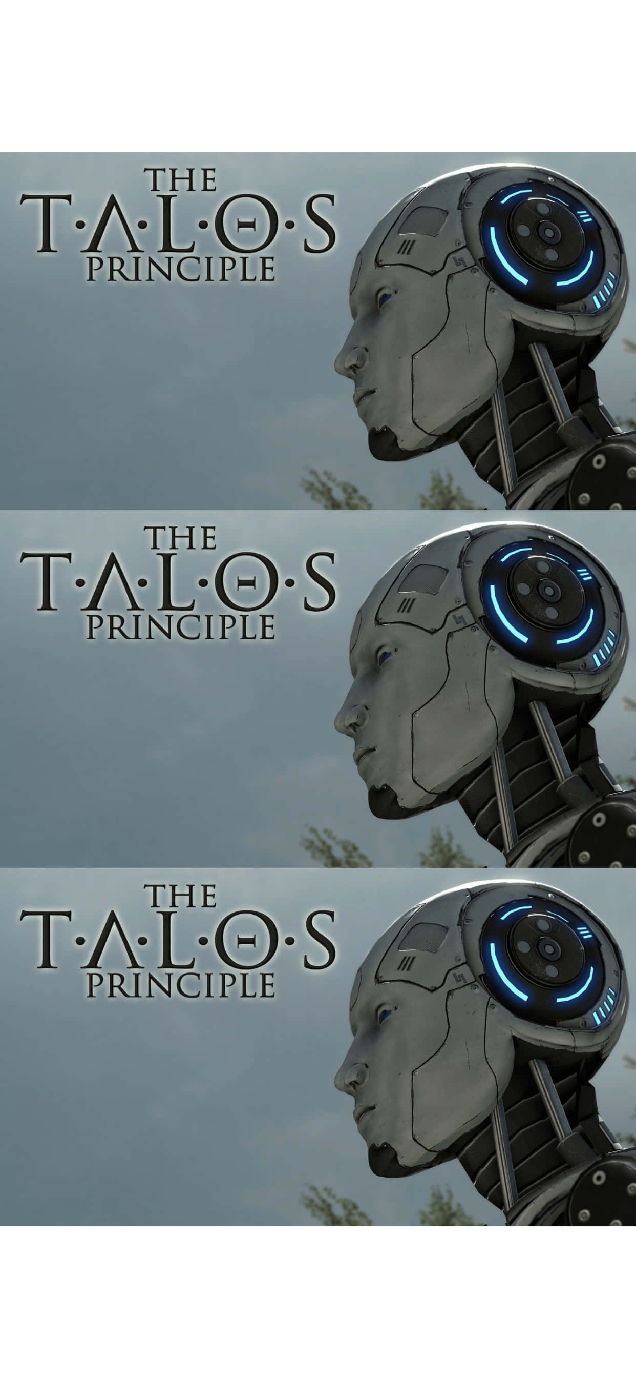 《The Talos Principle》遊戲拼貼背景 壁紙 — 一個類人機械人頭部的特寫，頭盔上有發光的藍色圓形燈光，背景是多雲的天空。