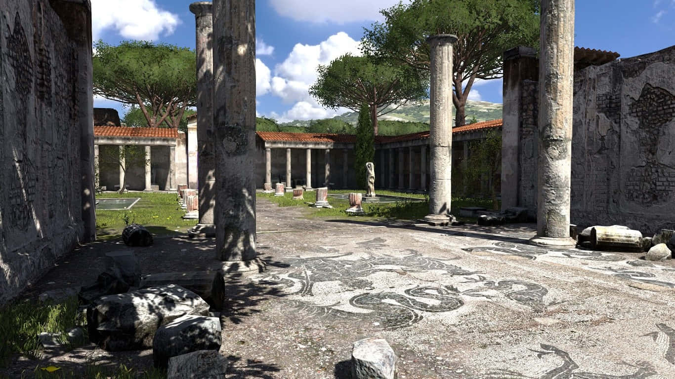 《The Talos Principle》遊戲世界的迷人視覺 壁紙 — 古羅馬庭院，有風化的柱子、馬賽克地板和茂密的綠樹，在明亮的藍天下。