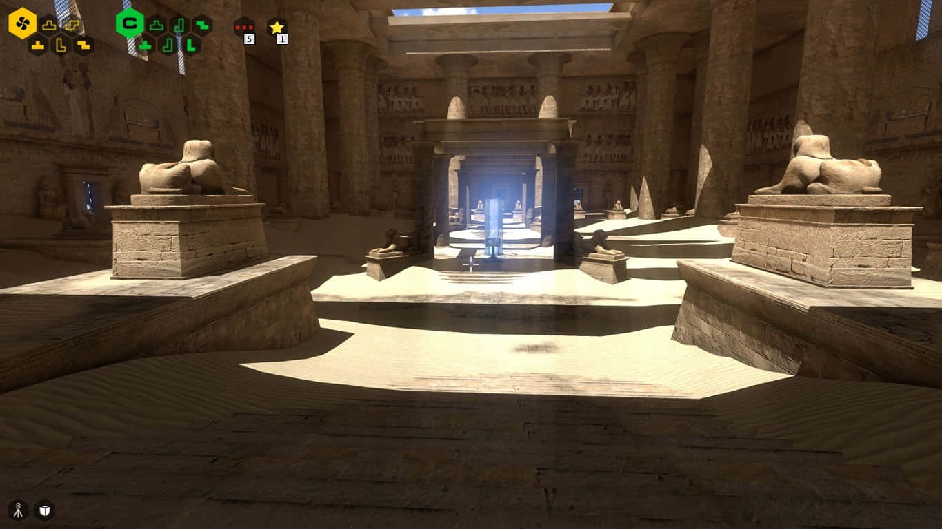《The Talos Principle》埃及神廟背景（1366x768） 壁紙 — 陽光穿過神廟的天窗，照亮了古埃及遺跡中的石柱、獅身人面像和象形文字。