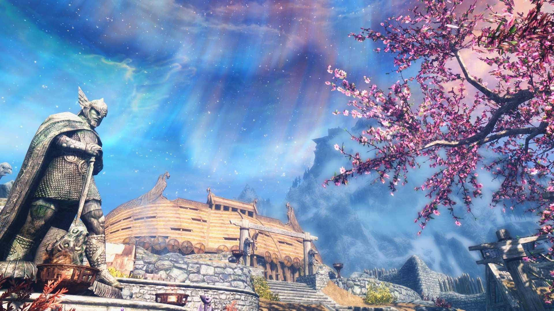 極光天空下，有戰士雕像和櫻花的奇幻村莊。