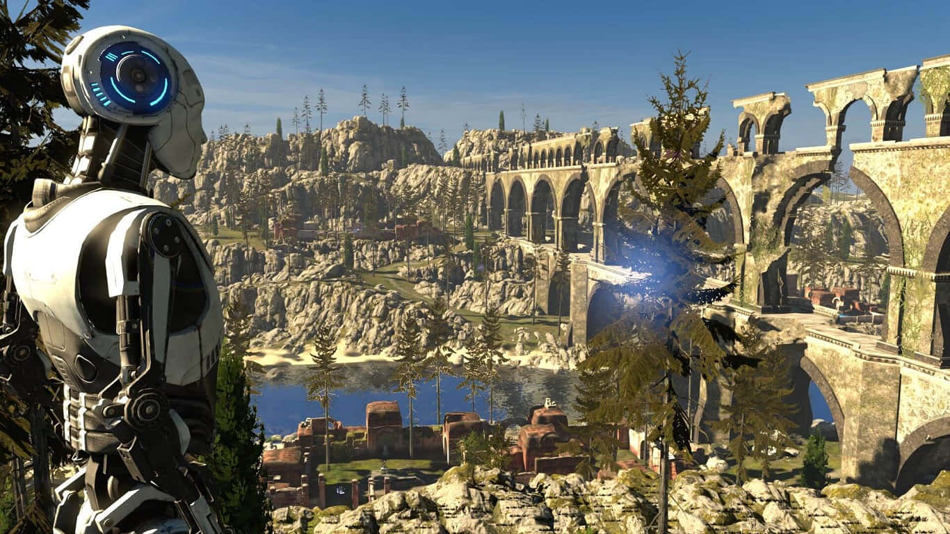 《The Talos Principle》渡槽背景（1366x768） 壁紙 — 一個未來風格的機械人俯瞰著一個陽光明媚的山谷，山谷中有古老的石砌高架渠橫跨河流和岩石峭壁。