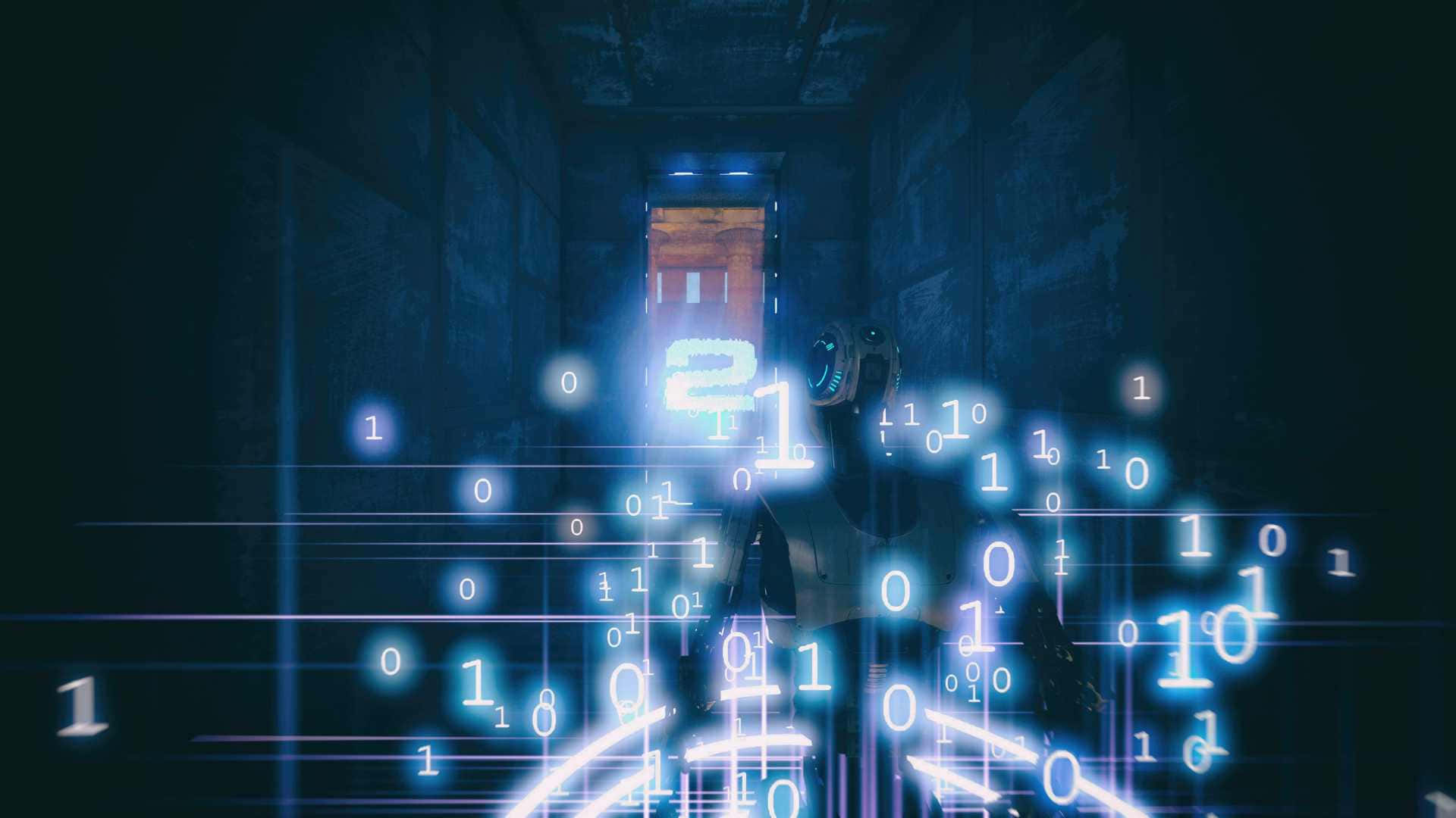 一個機械人被漂浮的二進制數字包圍在黑暗的數碼走廊中。