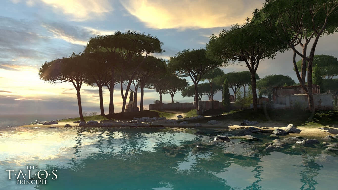 《The Talos Principle》海洋邊樹林背景 壁紙 — 夕陽將古老石頭遺跡和傘松沐浴在金色光芒中，旁邊是平靜的碧綠海水。