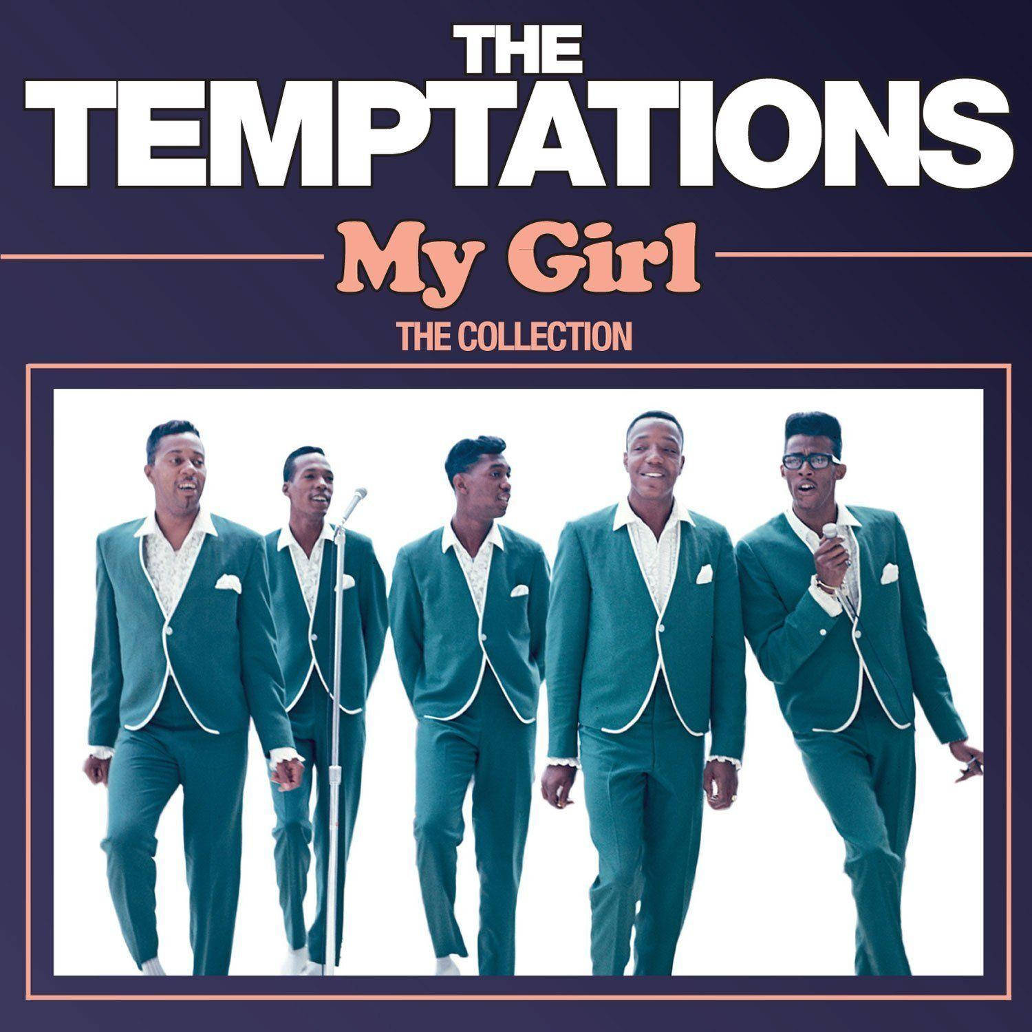 The Temptations專輯封面藝術 壁紙 — 五位微笑嘅男士穿著相配嘅青綠色西裝，喺白色背景前自信地擺姿勢，下方有粗體嘅專輯文字。