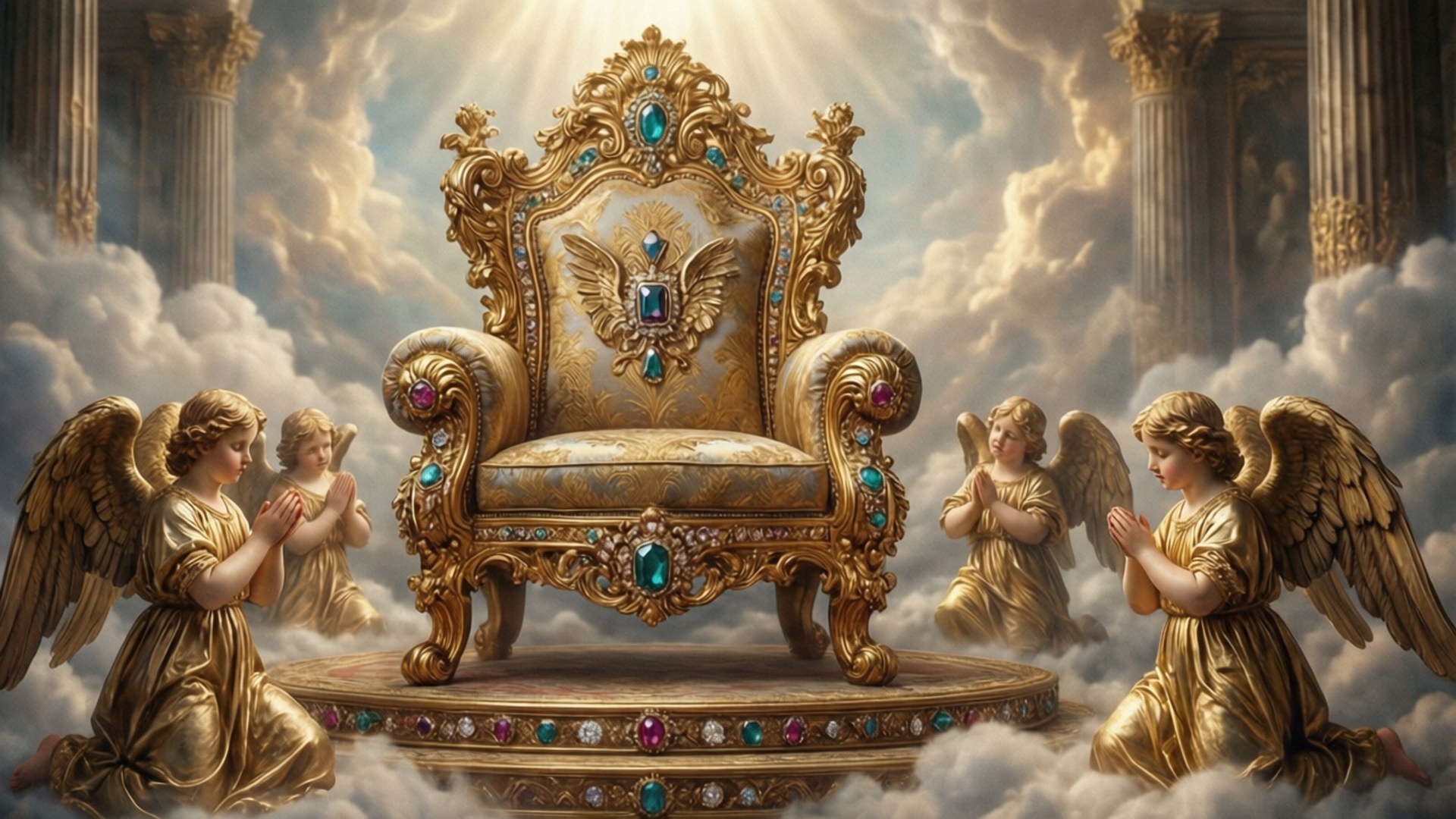 金色天使在雲端和古老柱子之間漂浮的寶石王座前跪拜祈禱