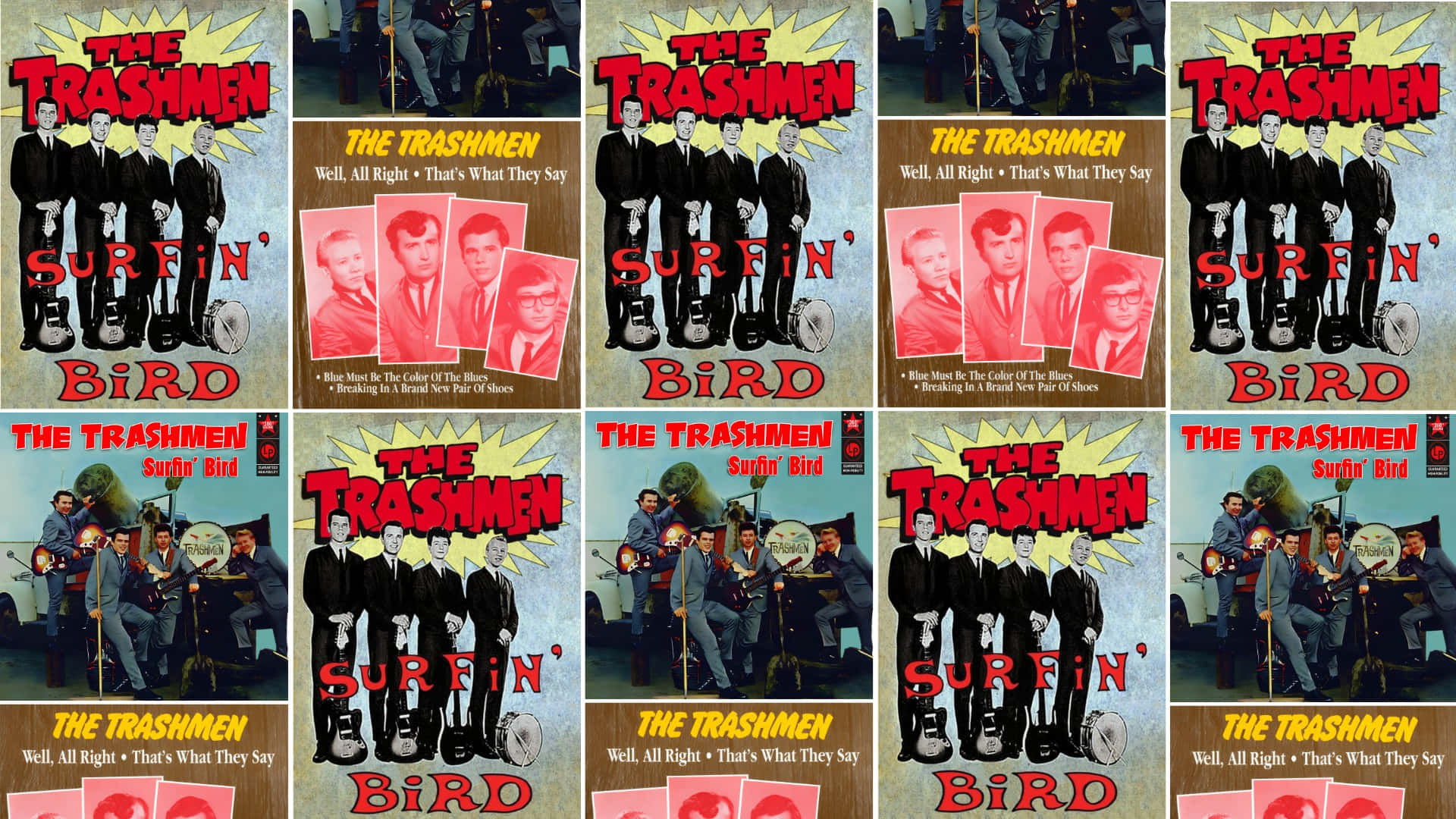 壁紙 — The Trashmen 的復古專輯封面，以復古樂隊照片和粗體紅色字體為特色，搭配紋理背景。