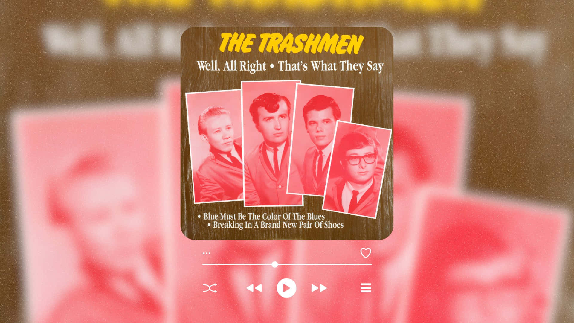  壁紙 — The Trashmen 專輯的復古黑膠唱片封套，木質背景上有四位樂隊成員的紅色調照片。