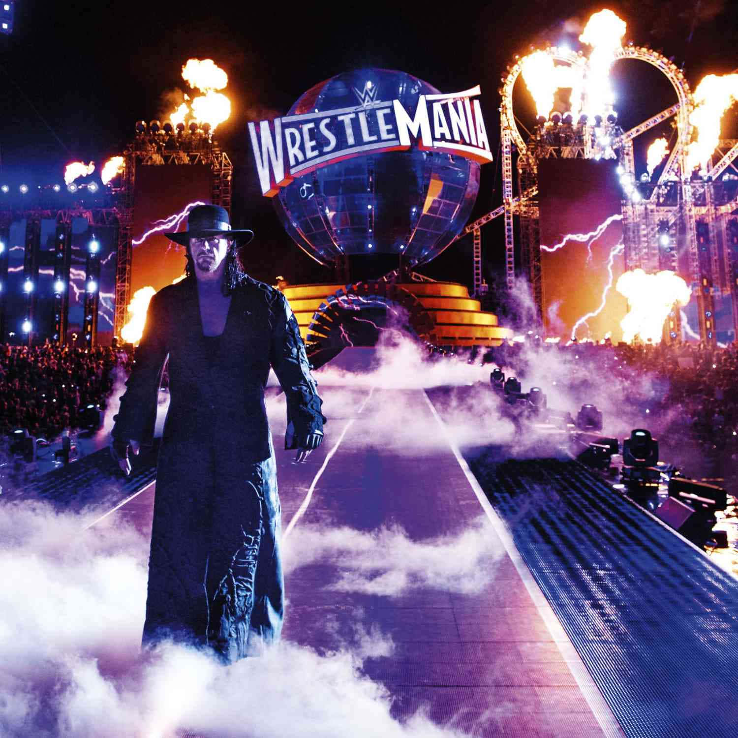  壁紙 — The Undertaker 在 WrestleMania 舞台上，於熾熱的煙火和閃電下莊嚴地穿過煙霧。