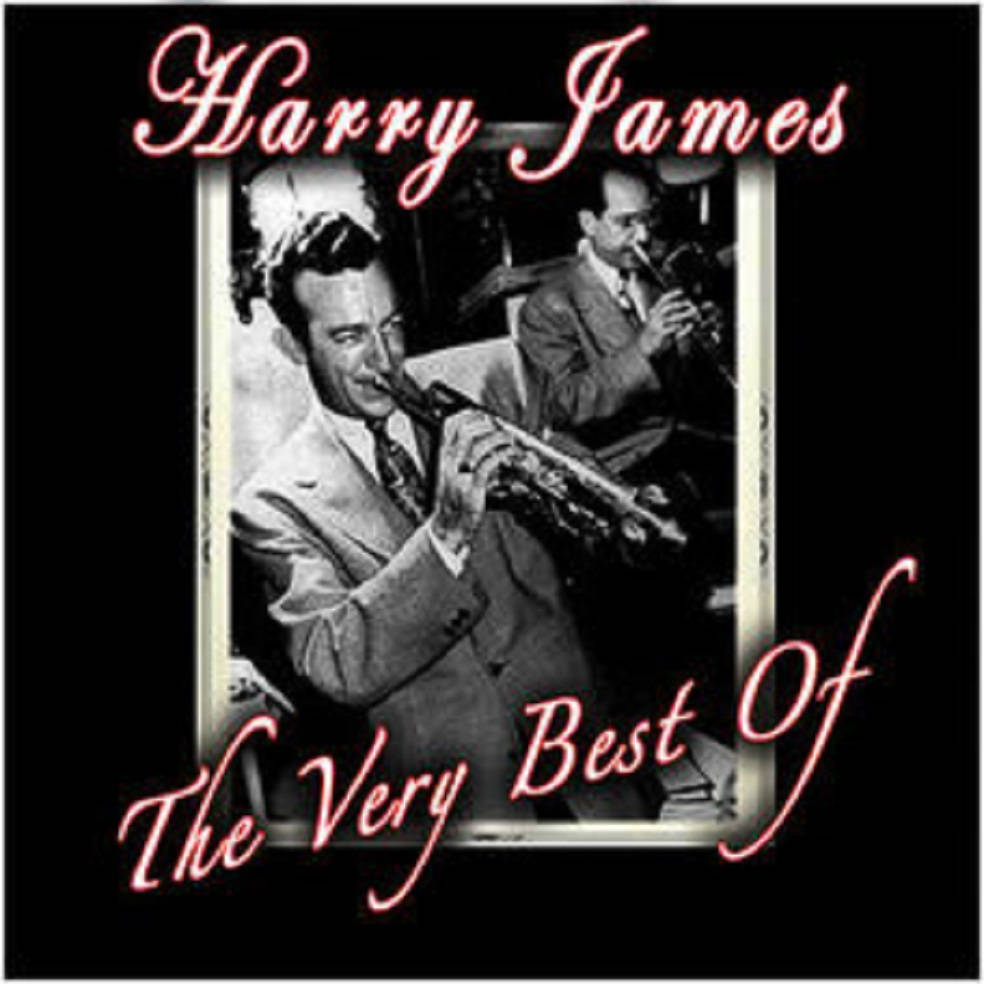 Harry James在復古爵士樂隊照片中吹奏小號，附有粉紅色手寫文字。