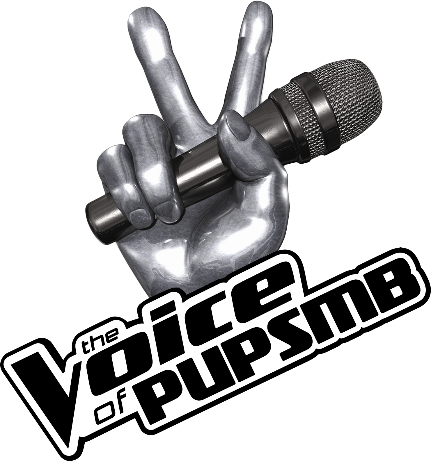 The Voice Pups 標誌 壁紙 — 一隻金屬手拿著麥克風並做出和平手勢，背景為黑色，帶有粗體文字。