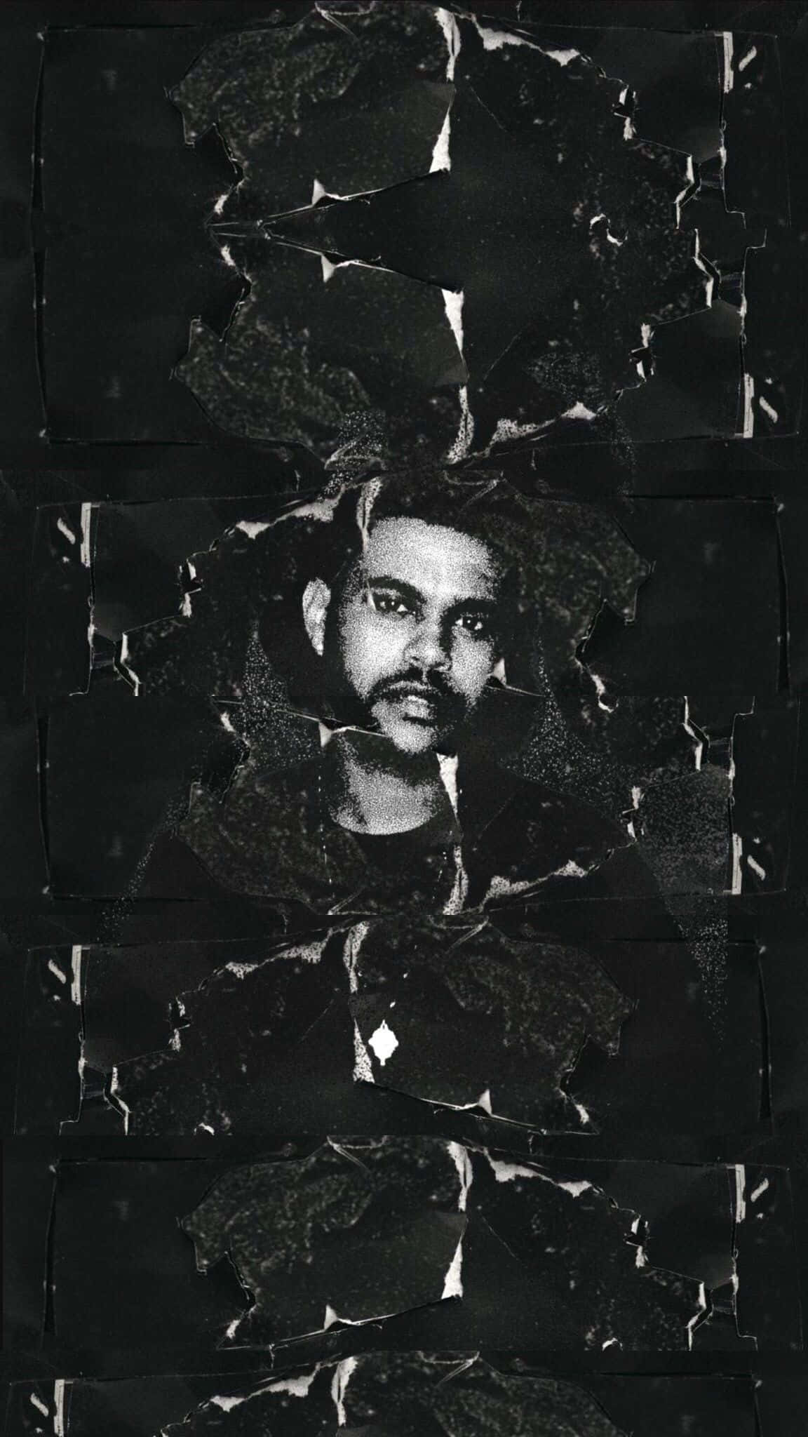 全新 The Weeknd 主題 iPhone 登場 壁紙 — 一個男人的肖像透過碎片化的黑白撕紙浮現，營造出粗糙的紋理效果。