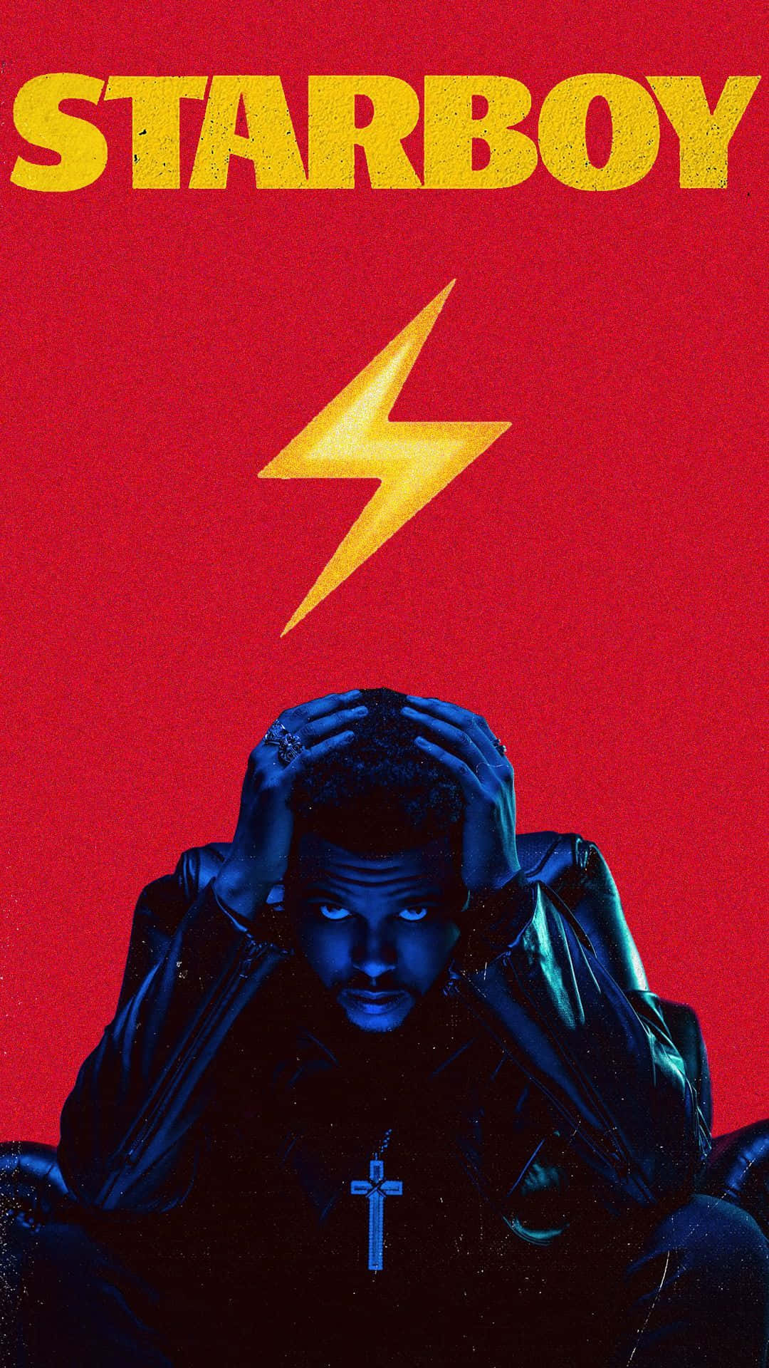 深色外套男人抱著頭，黃色閃電和「STARBOY」在紅色背景上。