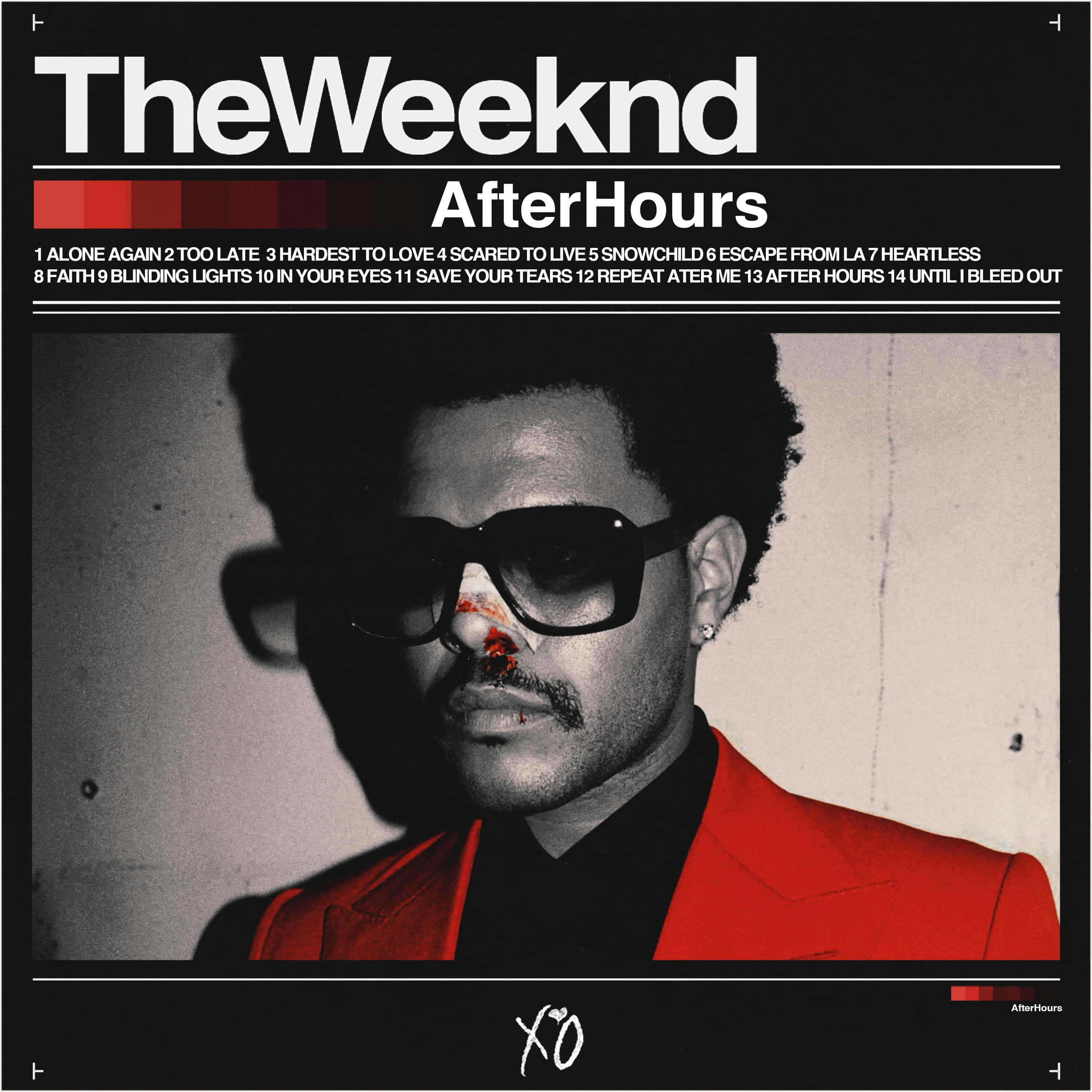 The Weeknd After Hours 桌布 壁紙 — The Weeknd 的陰鬱黑白肖像，身穿紅色西裝，臉上帶血，戴著太陽眼鏡。