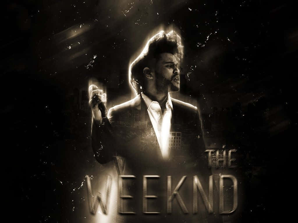 The Weeknd 在舞台上表演，帶有發光的背光效果和黑暗紋理背景。