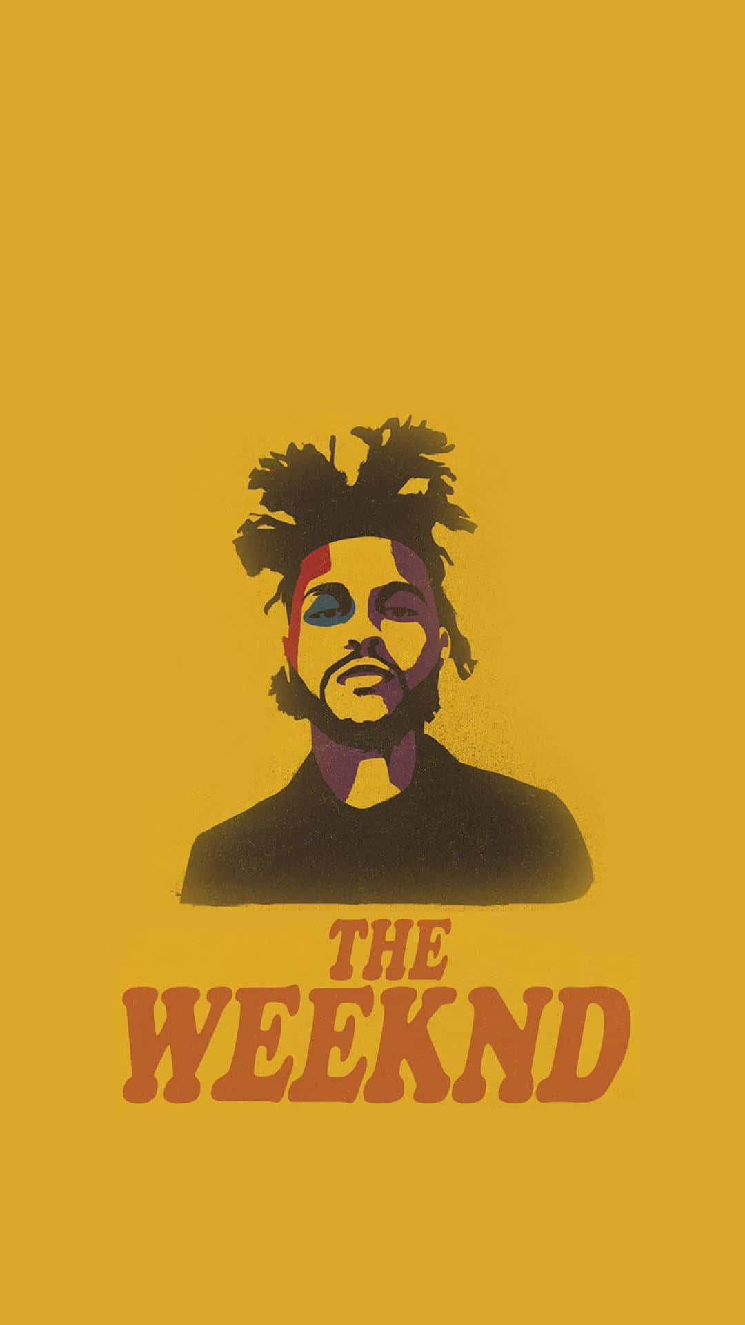 風格化的圖形，音樂家 The Weeknd 在黃色背景上帶有色彩繽紛的臉。